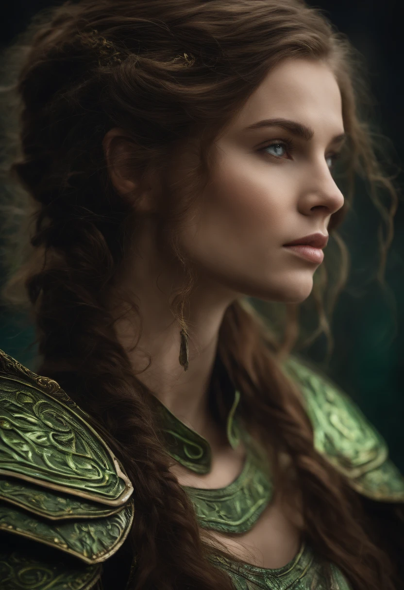 1 fille aux longs cheveux noir et yeux vert avec des traits fin sur le visage innocent, avec un bouclier en combats, in decoration with other women at his side armor, hair in the wind detached, épee, massue.