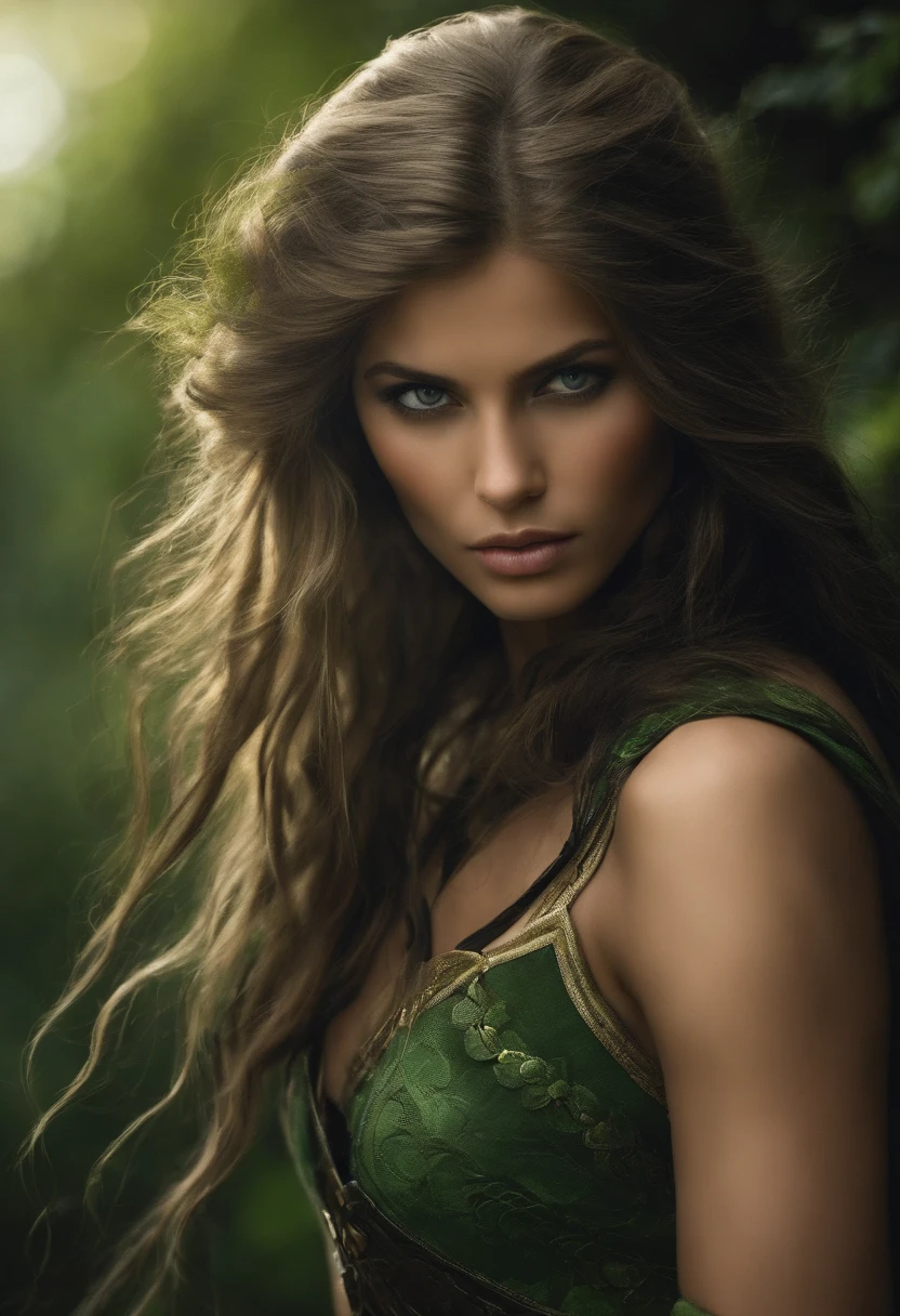 1 fille aux longs cheveux noir et yeux vert avec des traits fin sur le visage innocent, avec un bouclier en combats, in decoration with other women at his side armor, hair in the wind detached, épee, massue.