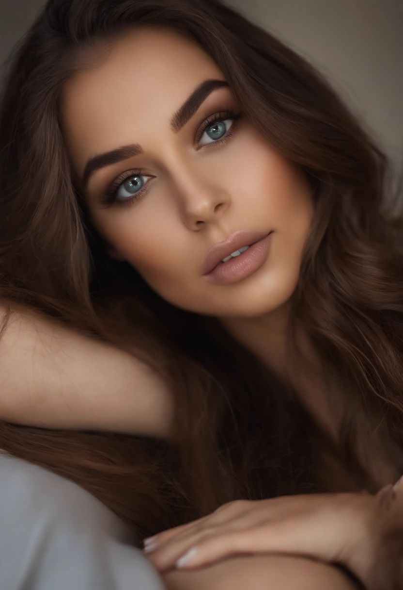 Arafed woman completely , fille sexy aux yeux bruns, ultra realist, Meticulously detailed, Portrait Sophie Mudd, cheveux bruns et grands yeux, selfie of a young woman, Dubai Eyes, Violet Myers, sans maquillage, maquillage naturel, looking straight at camera, Visage avec Artgram, Maquillage subtil, Great photo of the whole body kneeling on the bed, dans la chambre, Medium to large bust, se touchant le ventre