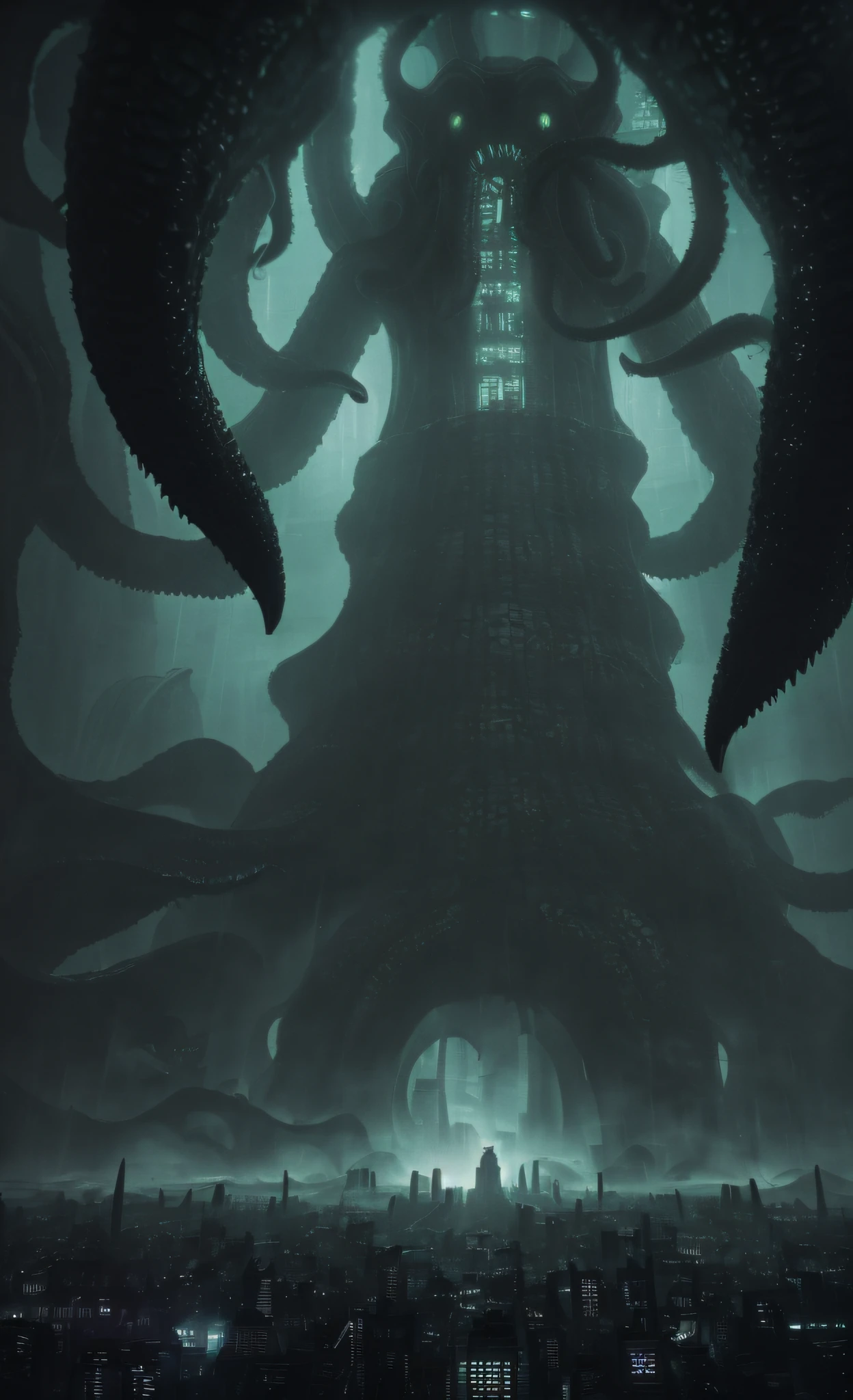 (fog shrouded city, Cthulhu, cyberpunk style, color graded giant Lovecraft demon 3D rendering), glowing eyes, huge body, long tentacles like pythons, rich details, (Nikon 70-200mm f/2.8G lighting), tentacle surrounding, mysterious horror, visual feast.