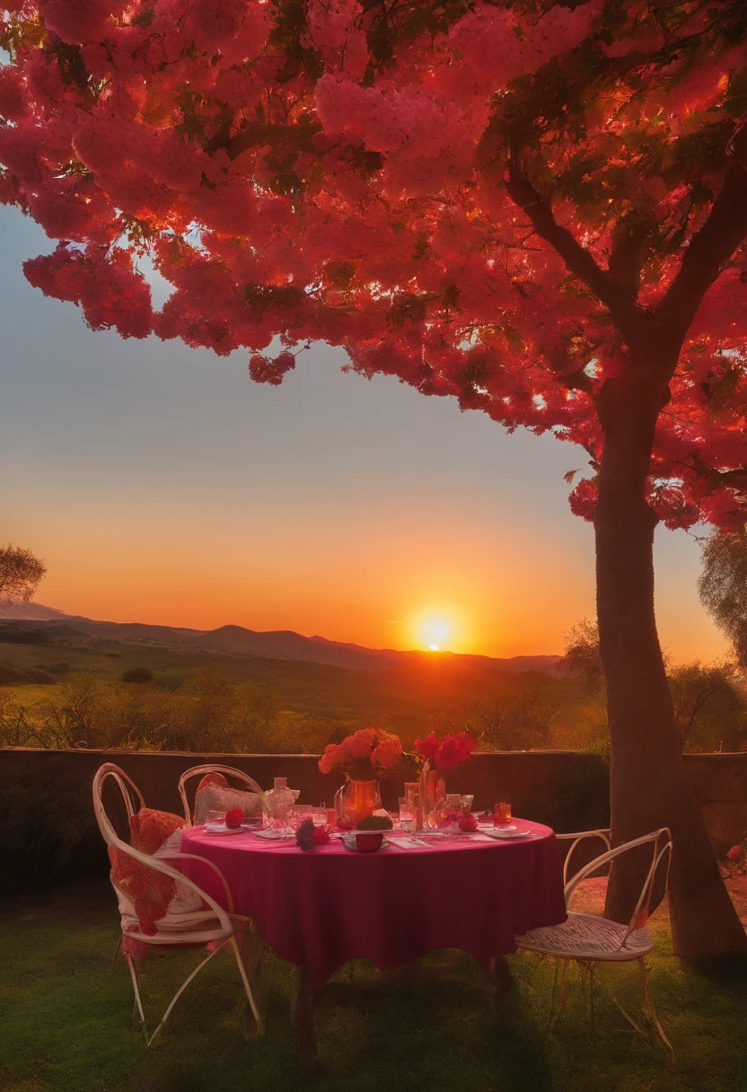 atardecer con colores naranjas y rosados, una pareja jugando en los columpios y pasto