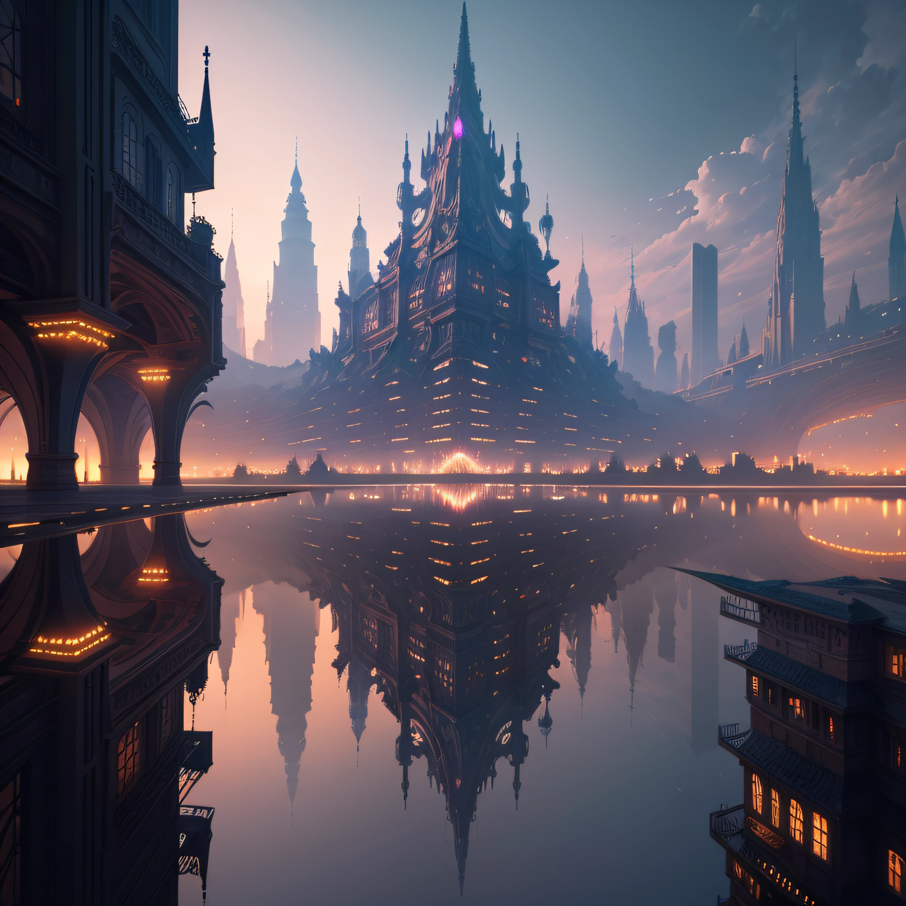 an otherworldly city suspended in the sky, its majestic buildings and spires floating amidst the clouds. This city, known as 'Aerithopia,' is a realm of advanced technology and magic. Elevated walkways and bridges connect the floating islands, while airships and fantastical creatures traverse the skies. The city's architecture is a blend of sleek, futuristic designs and ornate, arcane structures. As night falls, the cityscape comes alive with a symphony of lights, casting a mesmerizing reflection on the clouds below. Capture the breathtaking and fantastical beauty of Aerithopia, a city in the sky,