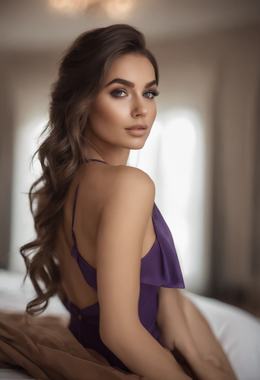 Arafed woman completely , fille sexy aux yeux bruns, ultra realist, Meticulously detailed, Portrait Sophie Mudd, cheveux bruns et grands yeux, selfie of a young woman, Dubai Eyes, Violet Myers, sans maquillage, maquillage naturel, looking straight at camera, Visage avec Artgram, Maquillage subtil, Great photo of the whole body kneeling on the bed, dans la chambre, Medium to large bust, full body
