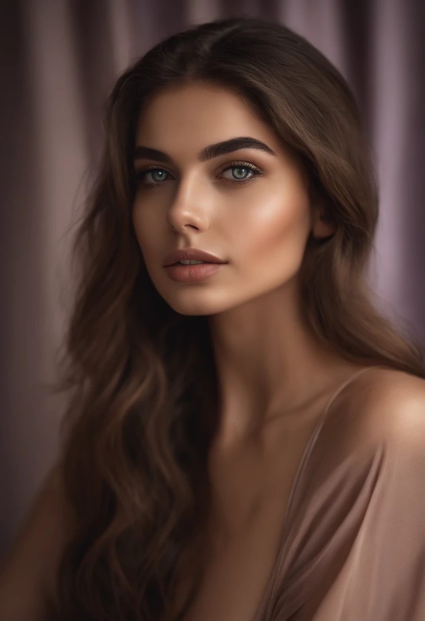 Arafed woman completely , fille sexy aux yeux bruns, ultra realist, Meticulously detailed, Portrait Sophie Mudd, cheveux bruns et grands yeux, selfie of a young woman, Dubai Eyes, Violet Myers, sans maquillage, maquillage naturel, looking straight at camera, Visage avec Artgram, Maquillage subtil, Great photo of the whole body kneeling on the bed, dans la chambre, Medium to large bust, full body