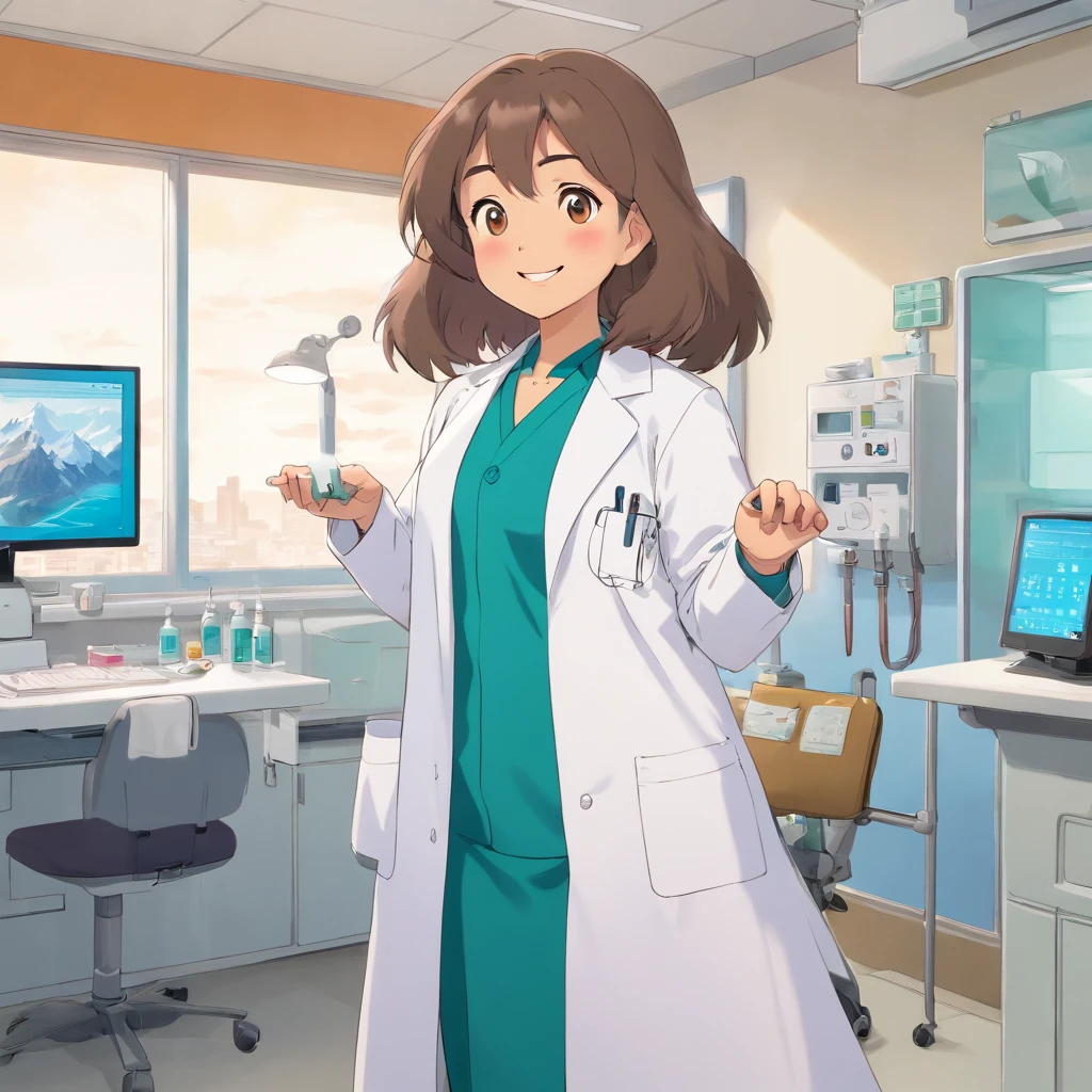 Marmot in white lab coat stands in dental office,Look into the distance,With a smile,white clothes,Faraway view