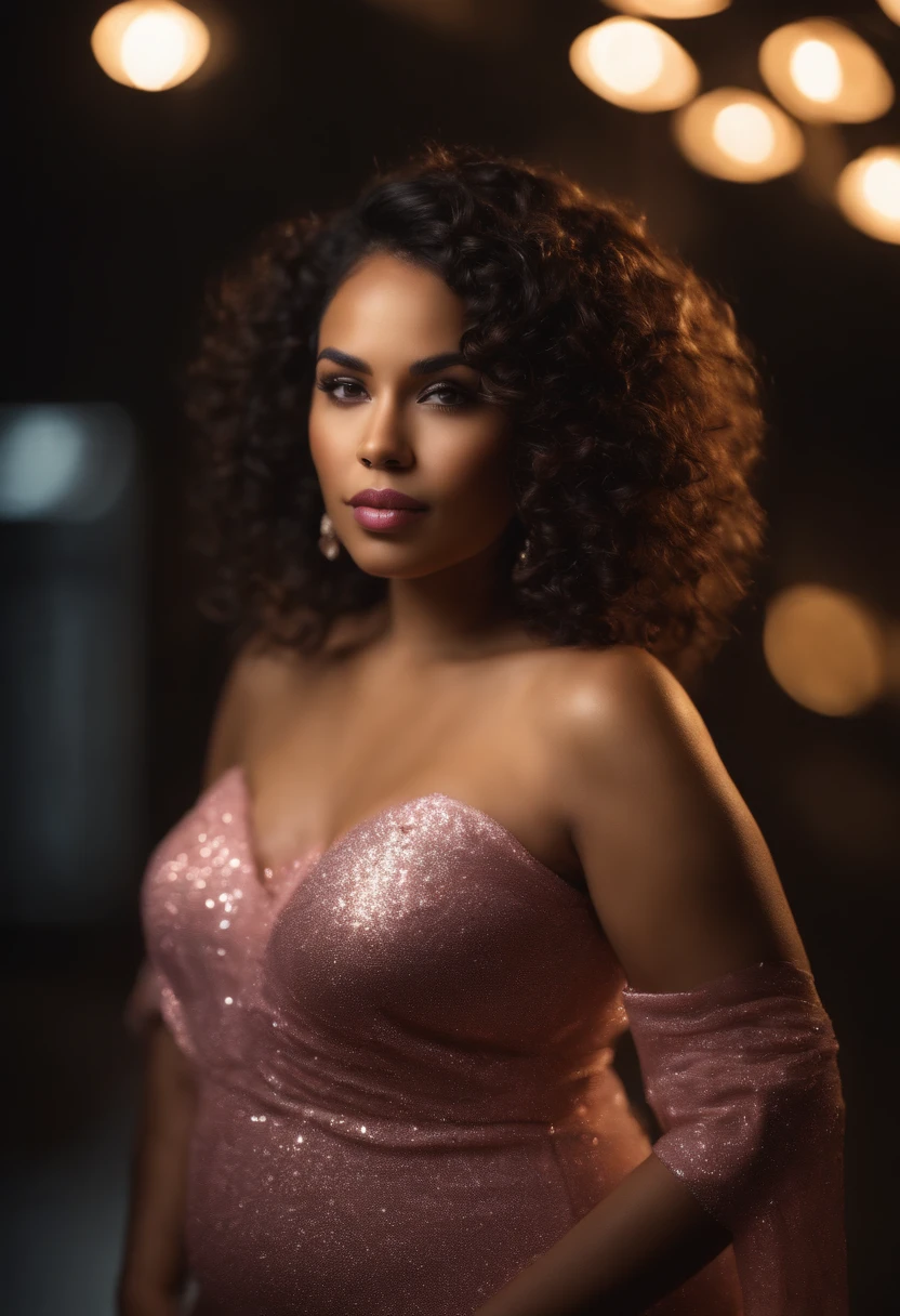 dark mulatto woman, captivating, sensual, Acclaimed body, fleshy and large body, slightly obese, body with great curves, Pink evening dress, dress with diamonds, dress with sparkle, shiny dress, golden dress, long hair, attractive look , Front Pose, Depth Camera, Wide Shot, Wide Shot, A Long Shot, High Definition, 8k, Captivating Photorealistic,