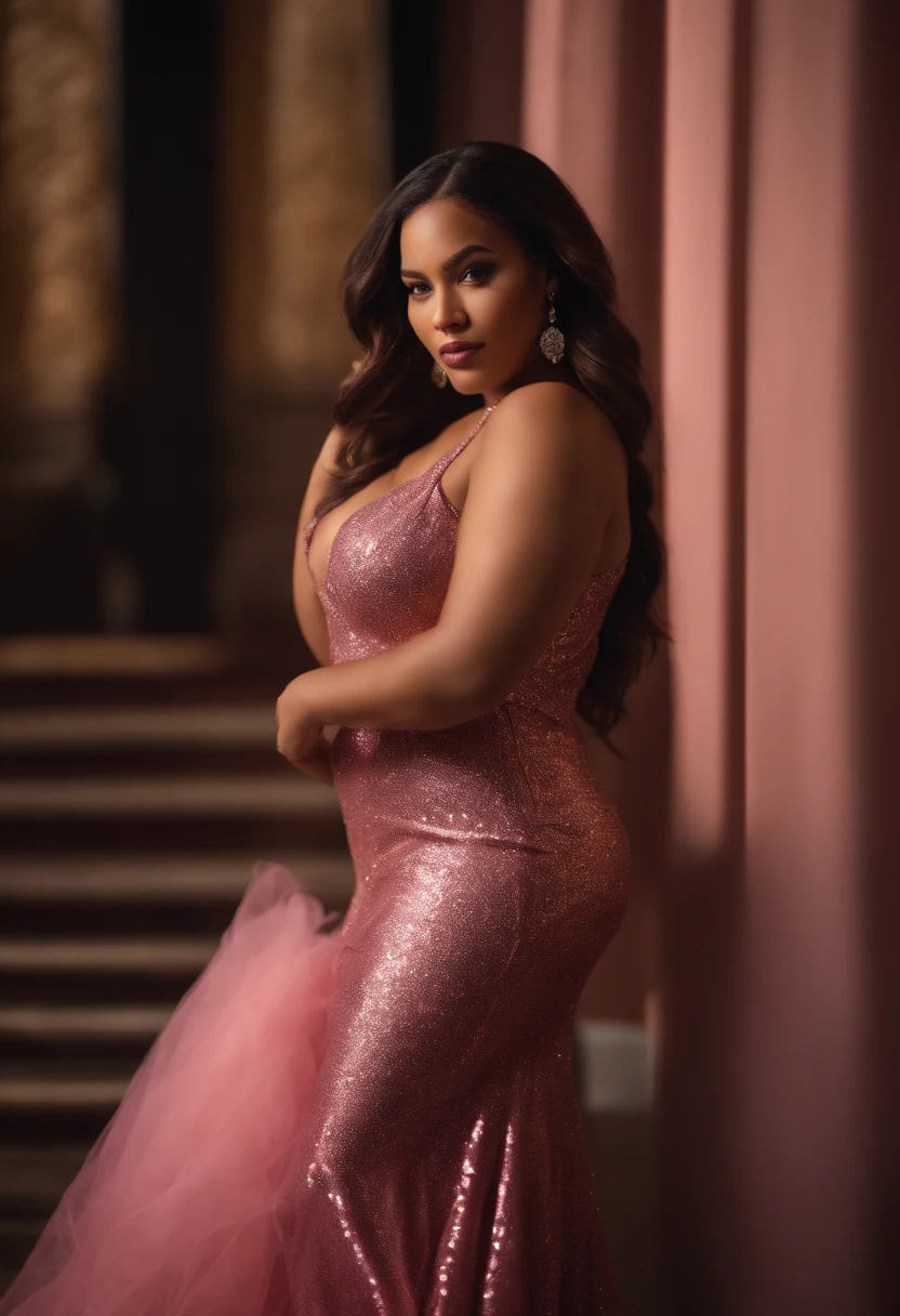 dark mulatto woman, captivating, sensual, Acclaimed body, fleshy and large body, slightly obese, body with great curves, Pink evening dress, dress with diamonds, dress with sparkle, shiny dress, golden dress, long hair, attractive look , Front Pose, Depth Camera, Wide Shot, Wide Shot, A Long Shot, High Definition, 8k, Captivating Photorealistic,