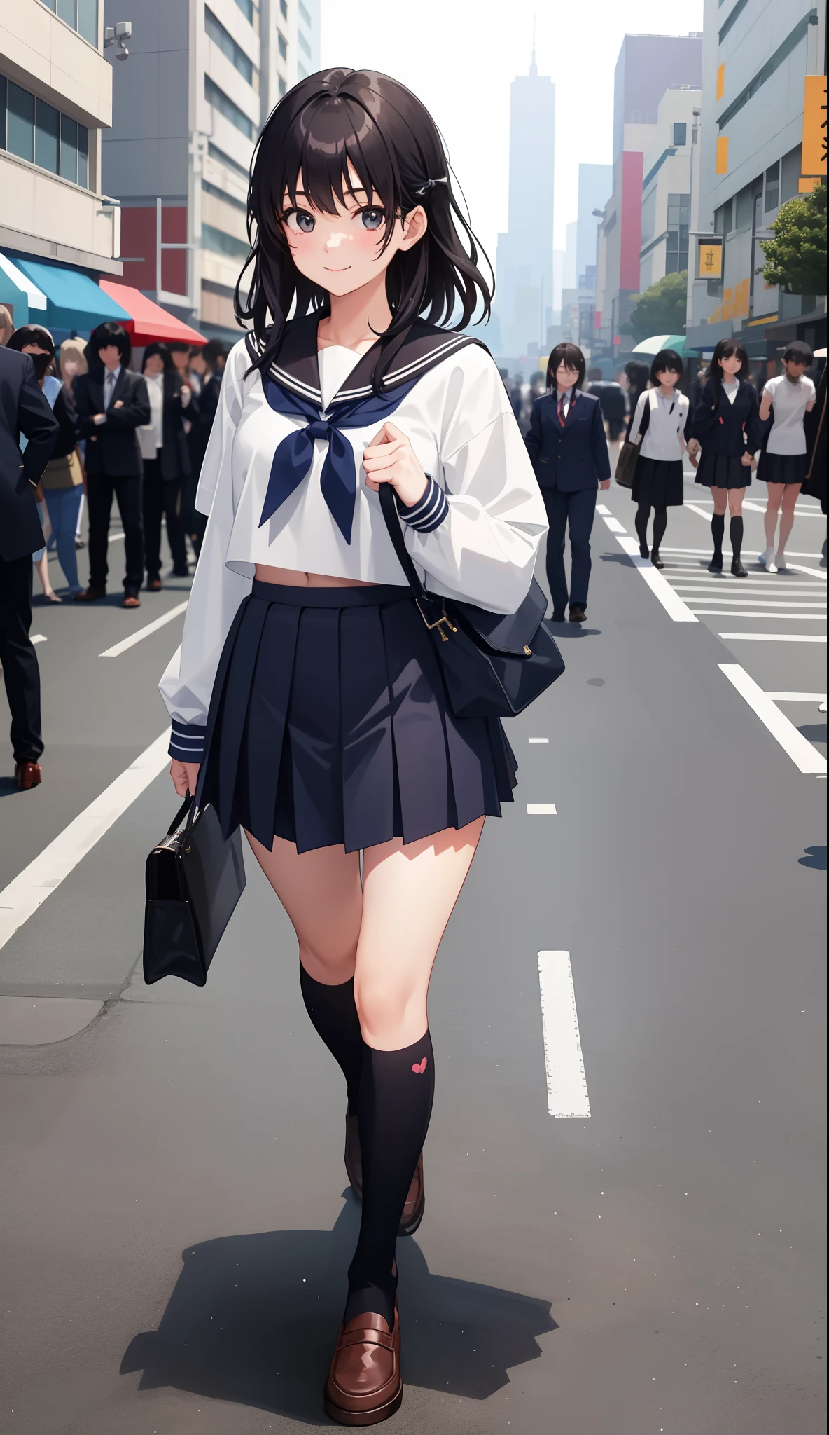 1girl in、AS-Adult、A smile、The shirt、skirt by the、(small tits)Japan High School、校服、serafuku、Walking with a thigh、Upper body portrait、