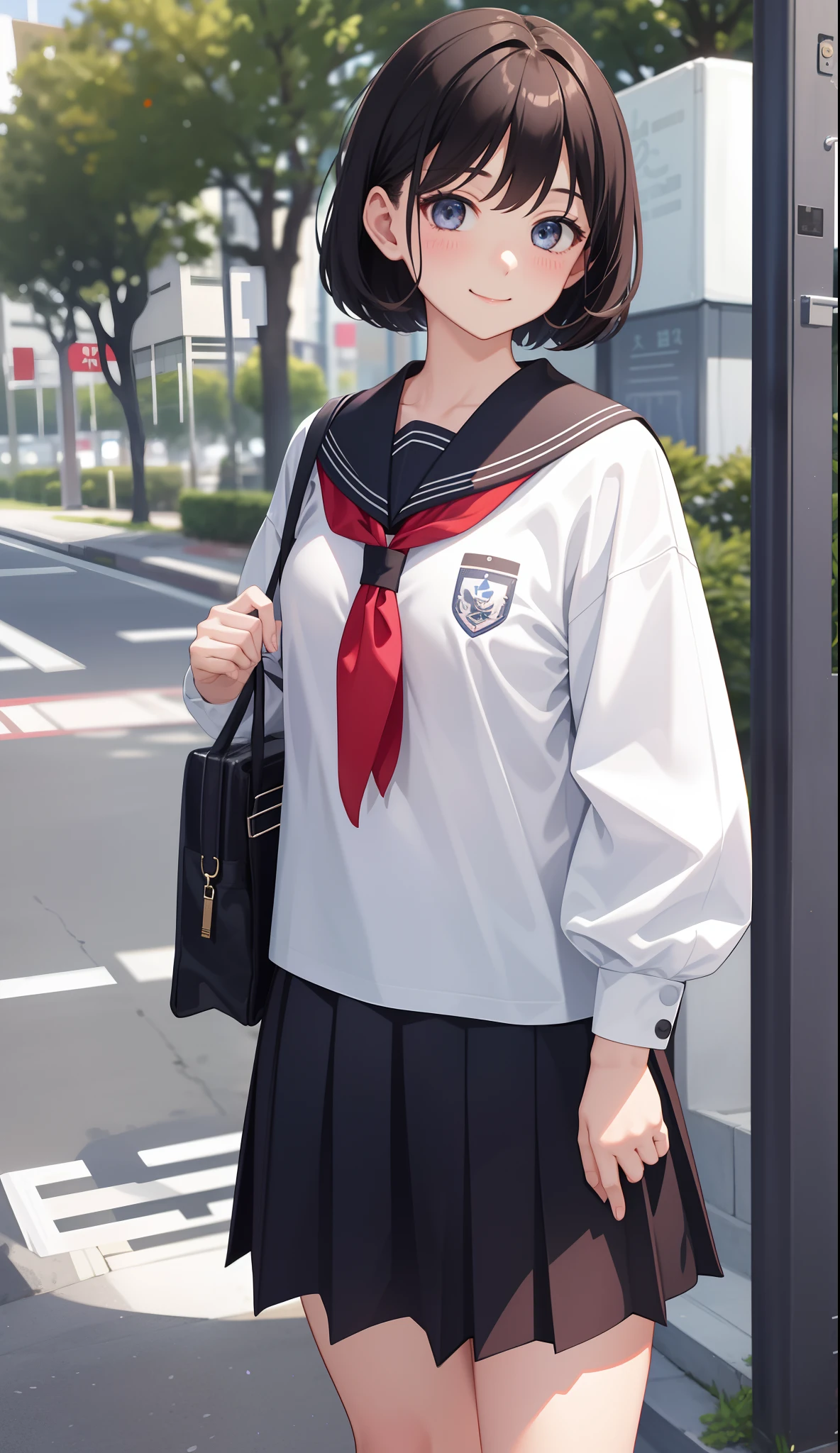 1girl in、AS-Adult、A smile、The shirt、skirt by the、(small tits)Japan High School、校服、serafuku、Walking with a thigh、Upper body portrait、