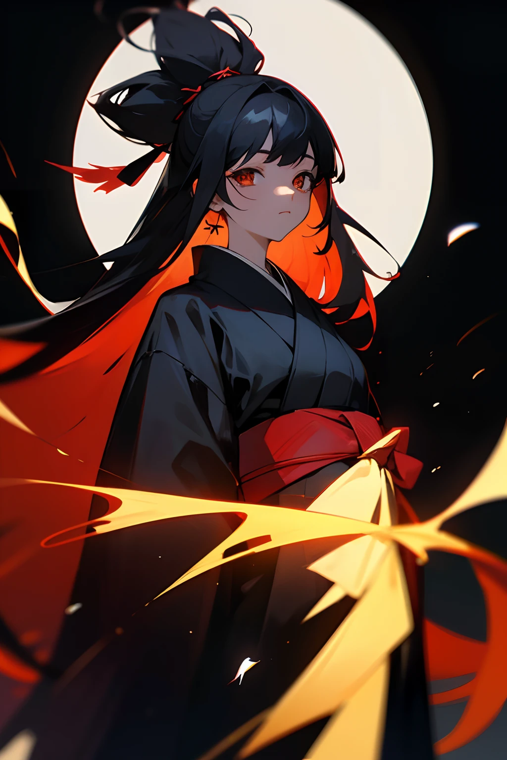 femele、White eye patch、Silhouette of black kimono,Bloods , (Black hair:1.6), stage, (Solo:1.8),, Highest image quality, Highest Quality, , Solo, depth of fields, , Long hair, (Black background)、
