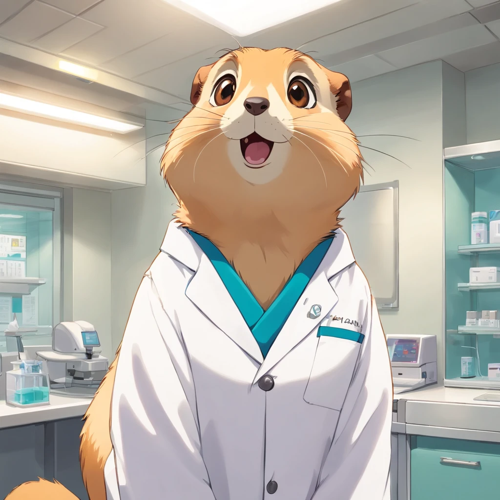 Prairie dog in white lab coat stands in dental office,Look into the distance,With a smile,white clothes,Faraway view