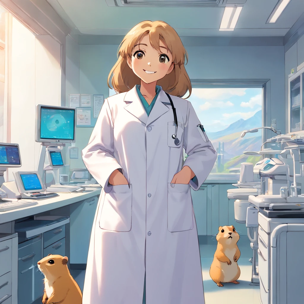 Prairie dog in white lab coat stands in dental office，Look into the distance，With a smile，white  clothes，Faraway view