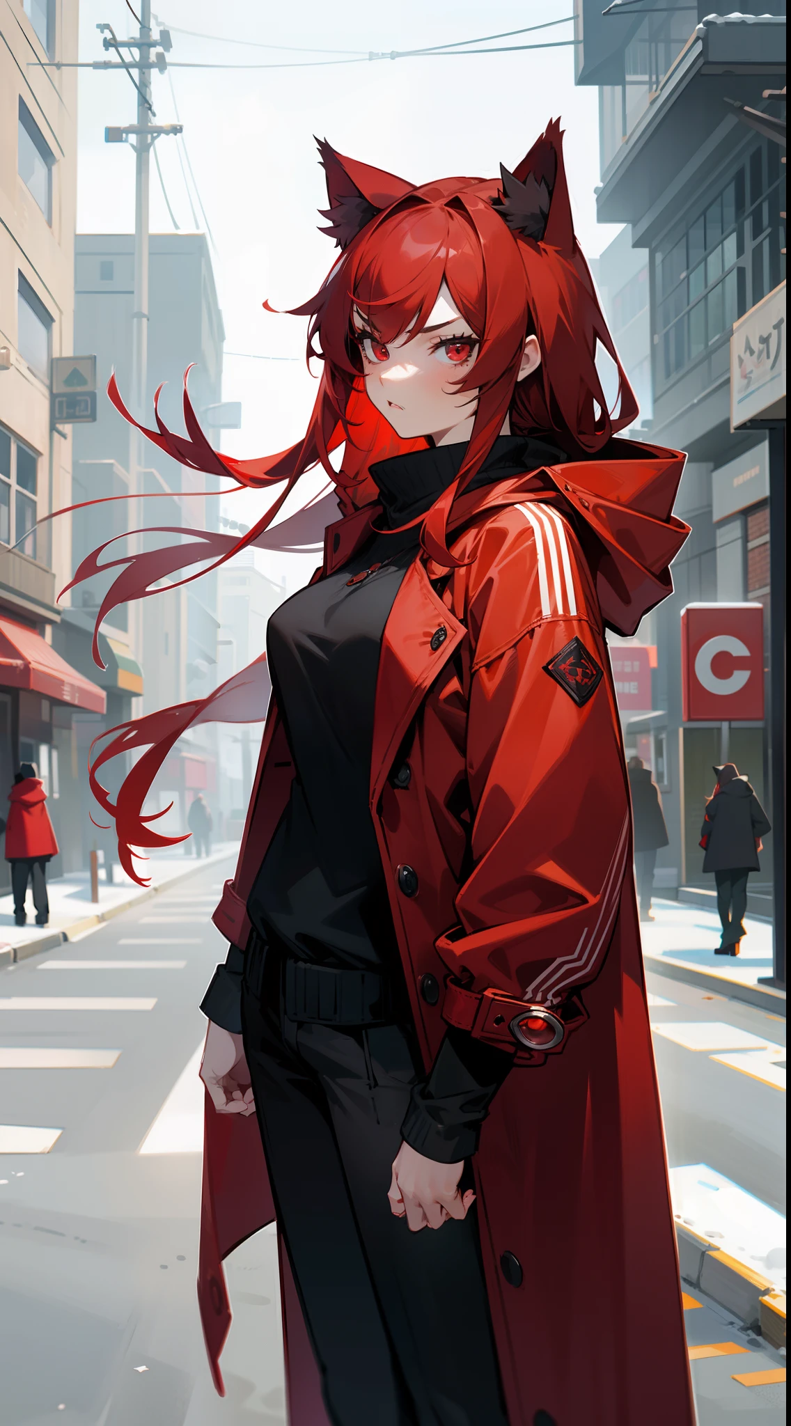 1girl,20s,serious face,red overcoat with hooded,black pants,medium tits,red hair,long hair,red eyes,cat ears,standing in a street in suburbs,cowboy shot