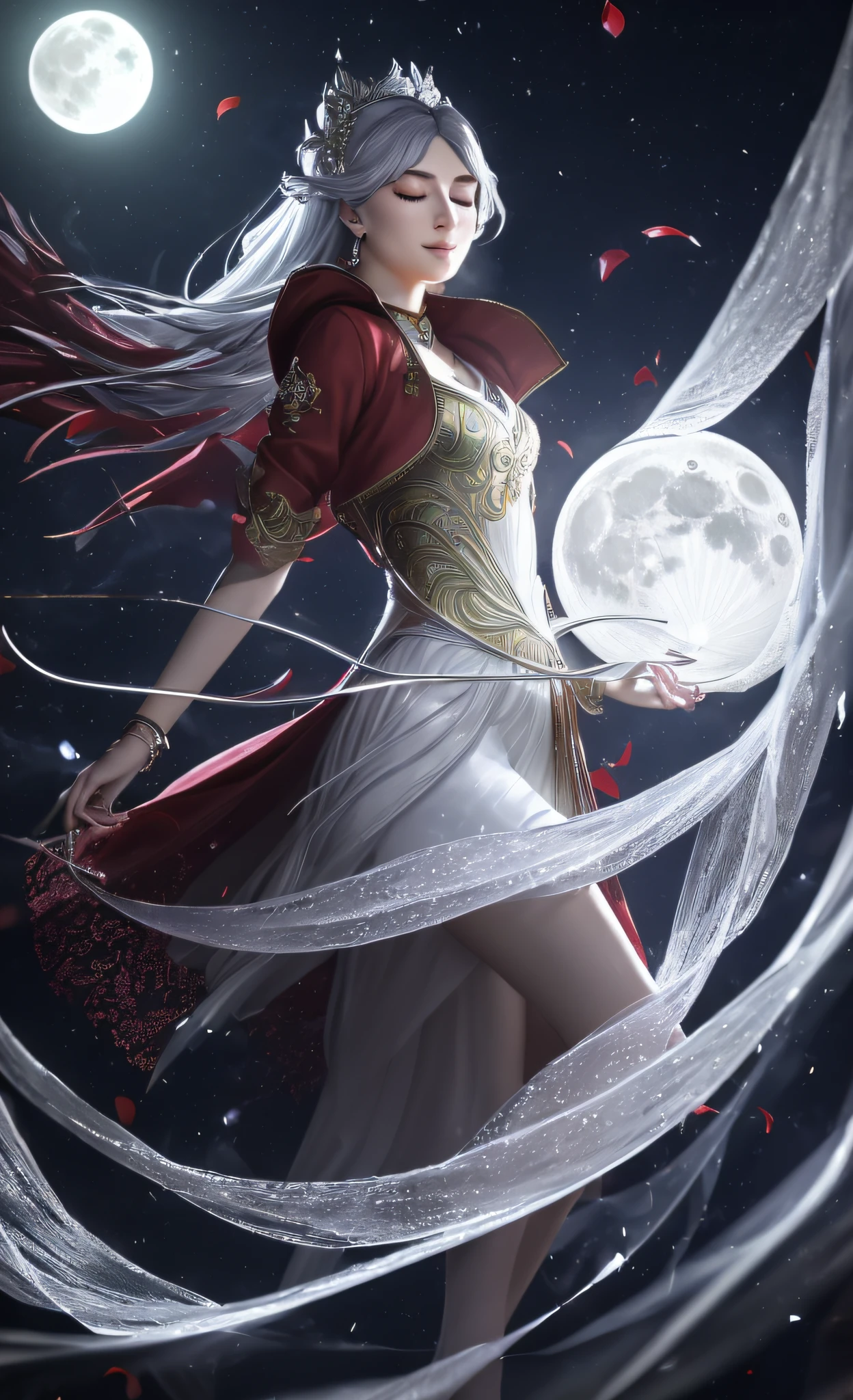 3d render of,(masterpiece), best quality,a Floating beautiful details sculpture of Goddess Ushas Hindu Mythology ,cutting edge classy beauty,(Beautiful delicate glowing eyes), delicate beautiful face, delicate beautiful sexy lips,symmetrical body,(floating rotating crystal moon), silver hair, long bangs, hair between the eyes, red ice ribbon, red ice brow, red gauze cover, (half-closed eyes:1.5),Red Jacket Sleeves, background round beautiful details of flower shape huge full moon, colorful, green rotating moon magic, beautiful details rotating magic moon, beautiful translucent flowing crystal petals, (sacred light),future,insanely detailed and intricate, concept art, ornate, luxury, elite, elegant, Detail Painting Luki, CG Social Contest winner, Fantasy Art, Voluminous VFX smoke, photo via 5000000px, tetrachromatic, Dipping Gold Powder Gloss Glaze,godlike, dreamlike, octane render global illumination, UHDR, symmetrical artwork,Tyndall light effect.popular on ArtStation, popular on Pixiv,popular on deviantart.