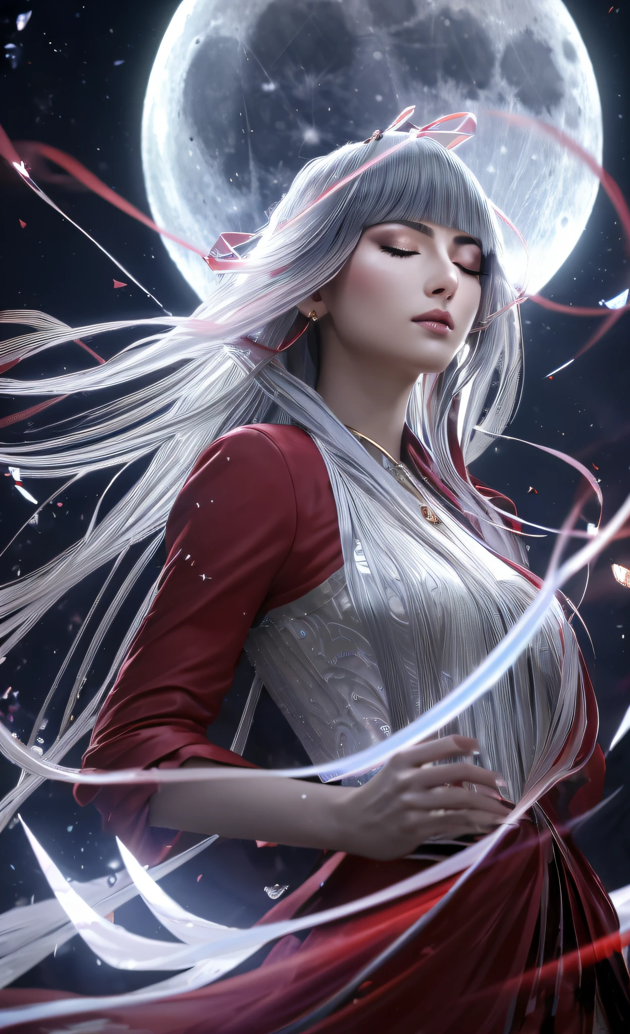 3d render of,(masterpiece), best quality,a Floating beautiful details sculpture of Goddess Ushas Hindu Mythology ,cutting edge classy beauty,(Beautiful delicate glowing eyes), delicate beautiful face, delicate beautiful sexy lips,symmetrical body,(floating rotating crystal moon), silver hair, long bangs, hair between the eyes, red ice ribbon, red ice brow, red gauze cover, (half-closed eyes:1.5),Red Jacket Sleeves, background round beautiful details of flower shape huge full moon, colorful, green rotating moon magic, beautiful details rotating magic moon, beautiful translucent flowing crystal petals, (sacred light),future,insanely detailed and intricate, concept art, ornate, luxury, elite, elegant, Detail Painting Luki, CG Social Contest winner, Fantasy Art, Voluminous VFX smoke, photo via 5000000px, tetrachromatic, Dipping Gold Powder Gloss Glaze,godlike, dreamlike, octane render global illumination, UHDR, symmetrical artwork,Tyndall light effect.popular on ArtStation, popular on Pixiv,popular on deviantart.