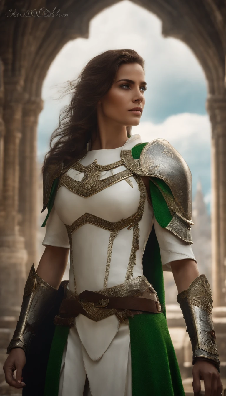 1 fille brune au yeux vert slim big, white armor in the right hand a shield on the right a sign in the background, Armed Group, Cloud Castle, UHD, Masterpiece, High Details, high resolucion, Best quality, 8k