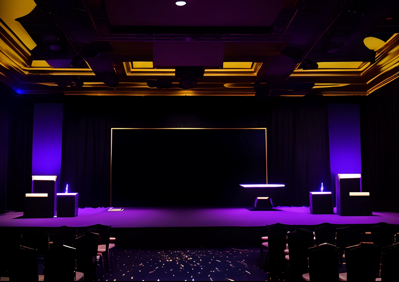 Formal award event stage in a small Hall. Color theme is dark and golden. Two LED screens on either side come to life, showcasing mesmerizing visuals that enhance the overall experience.