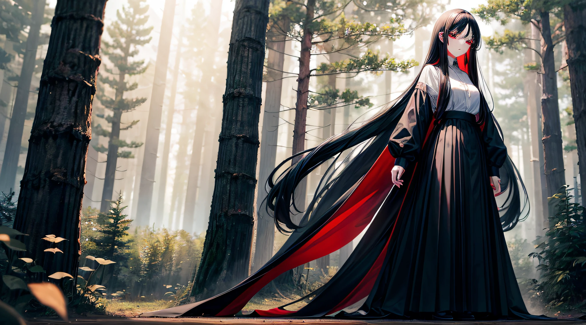 1girl, very long black hair, red eyes, wearing long black skirt and oversized shirt, spring, forest, absurdres, high res, ultrasharp, 8K, masterpiece, looking at viewer
