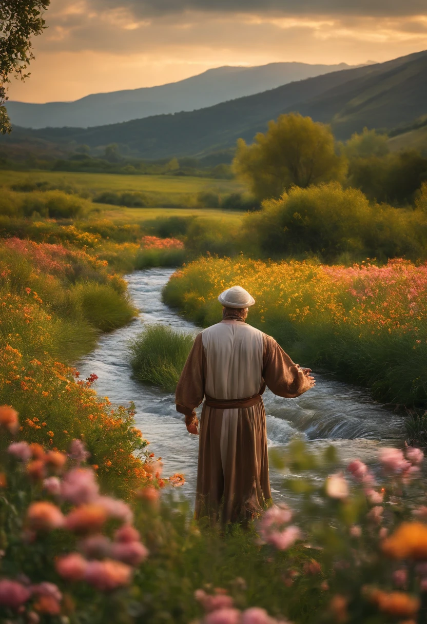 Ultra realistic biblical image with reference to Psalm 23 landscape with a flowery field and a peaceful stream with a biblical man with his arms outstretched, receiving God's provision in 8k format