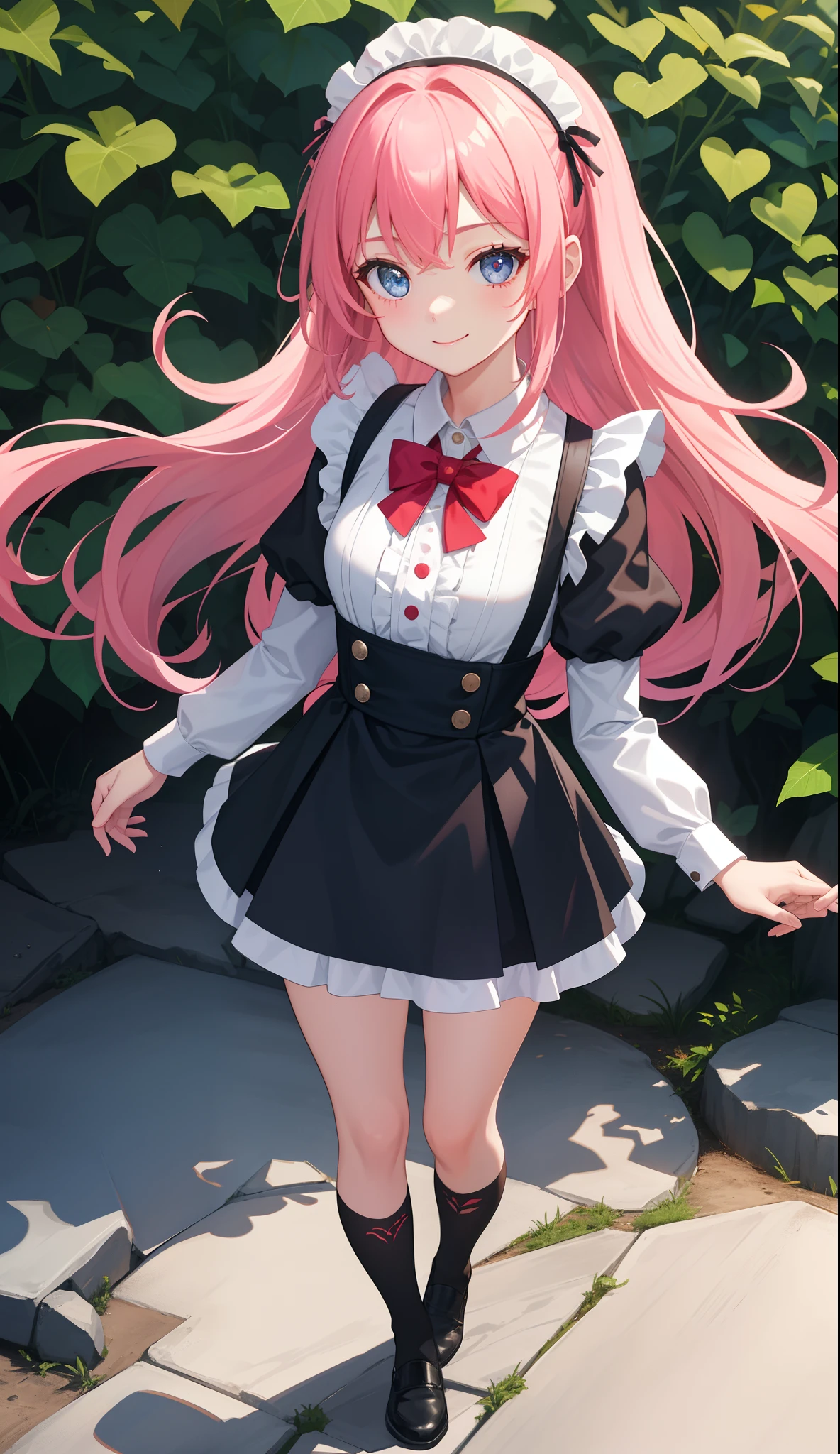 1girl in、AS-Adult、A smile、The shirt、Ultra mini skirt、pantiy、(small tits)、doress、pinafore、Hair decoration、(Maid costume)、Walking with a thigh、Upper body portrait、