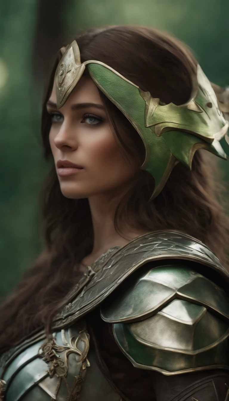 1 fille brune au yeux vert slim big, white armor in the right hand a shield on the right a sign in the background, Armed Group, Cloud Castle, UHD, Masterpiece, High Details, high resolucion, Best quality, 8k