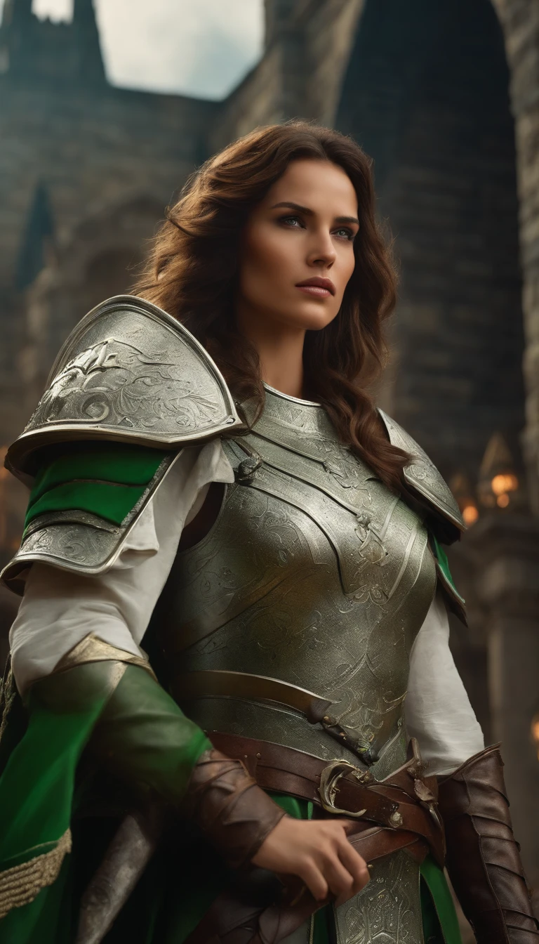 1 fille brune au yeux vert slim big, white armor in the right hand a shield on the right a sign in the background, Armed Group, Cloud Castle, UHD, Masterpiece, High Details, high resolucion, Best quality, 8k