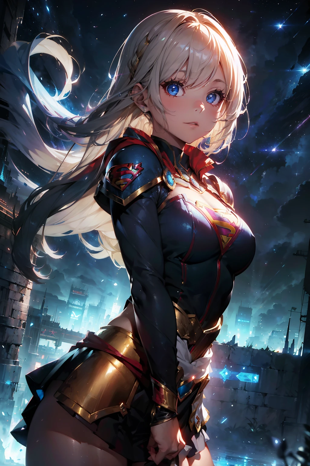 Supergirl (((From face to the waist view::1. 4))), realistic skin texture, front view::1.0, (((Final Fantasy aesthetic style))) in complex & hyper detailed fantasy costume (((wild glow effect))), panning photography::1, gold hour illumination, short white hair & long braid, (masterpiece), best quality, perfect face, 8k