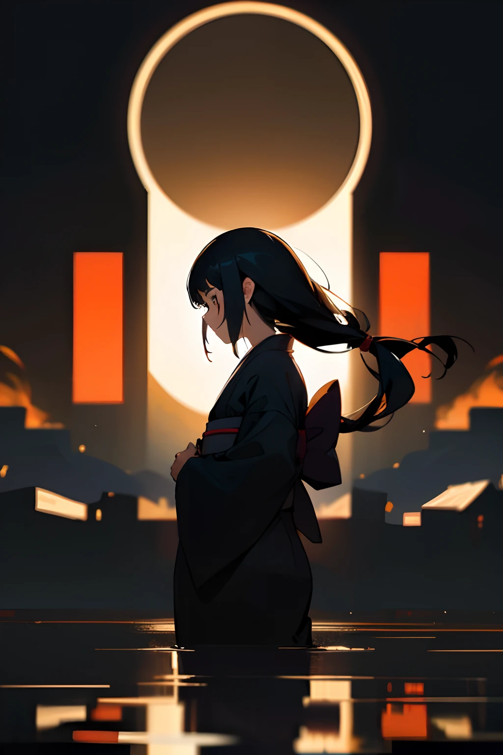 brad、Kimono silhouette, , (Black hair:1.6), stage, (Solo:1.8),, Highest image quality, Highest Quality, , Solo, depth of fields, , Long hair, (Black background)、