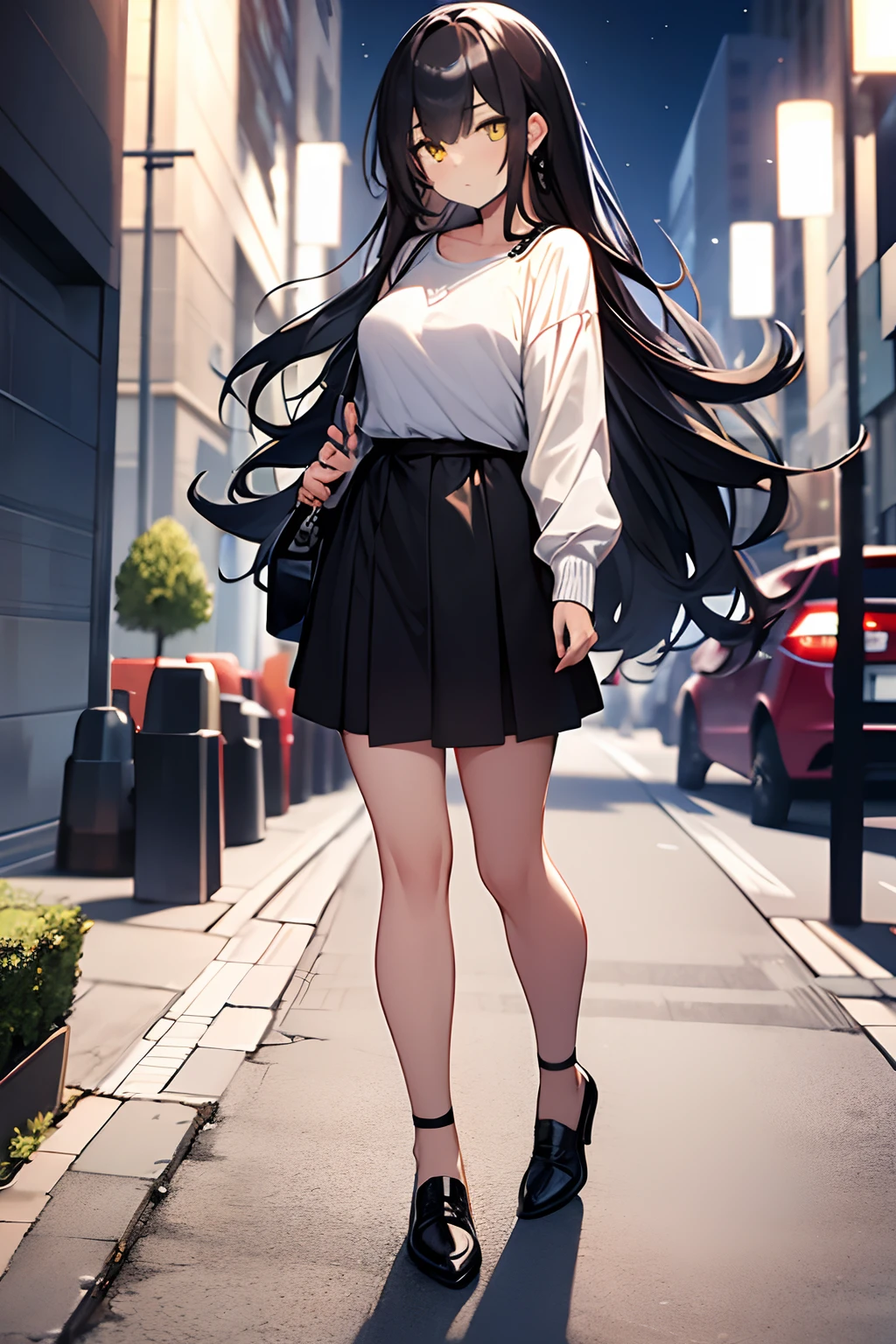 best quality, masterpiece, solo, female, human, black hair, long hair, wavy hair, yellow eyes, fair skin, casual clothing, outside, night, full body, in the city,