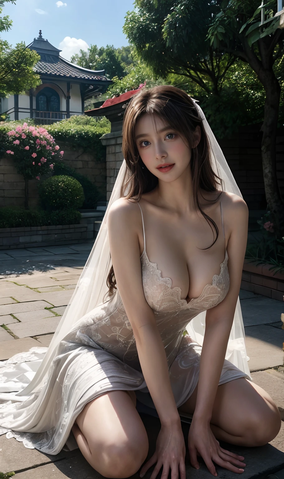 ​masterpiece, Blue Eye、light brown hair、the viewer, Realistis, full body Esbian, radical, Haute, Very gigantic-breasts, sexual excitement, Sex Expressions, shinny skin、1girl in、Light smile、(weddingdress:1.3)、outside of house、garden、red blush、cleavage of the breast、