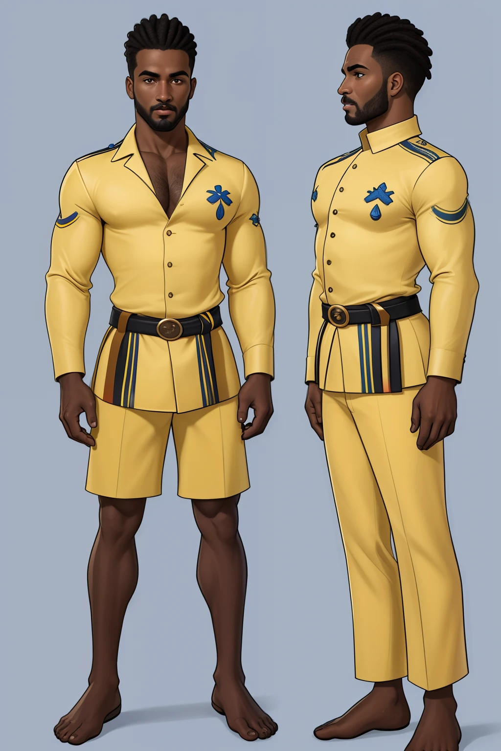 personagem masculino da bandeira de Cabo Verde. The top is deep blue, simbolizando o oceano que cerca as ilhas. The chest and the central part are white, representando a paz e a unidade do povo cabo-verdiano. The sleeves and legs are red, denoting determination and spirit, do 10 Estrelas Douradas, : Ten gold stars are prominently displayed at the top of the costume, ao longo do peito e ombros, representando as 10 principais ilhas de Cabo Verde. Cada estrela, It is carefully detailed and shines brightly against the background Star Belt A wide belt, also golden, is used in Tribal Details, O traje incorpora elementos tribais discretos em seu design, referencing the cultural heritage of Cape Verde ,Estilo Art Vista de Corpo Inteiro, plano completo, vista frontal, Vista lateral, vista traseira, de personagem, Multiple views and poses, various points of view, um personagem, corpo inteiro, personagem com menos, estilo de roupa, no mesmo Estilo de cabelo, less Type of footwear, strong full-body vision, plano completo, vista frontal, vista traseira, design de personagem, Multiple views and poses, various points of view, de um personagem, corpo inteiro,, personagem com mesmo, estilo de roupa, no mesmo Estilo de cabelo, same Type of footwear