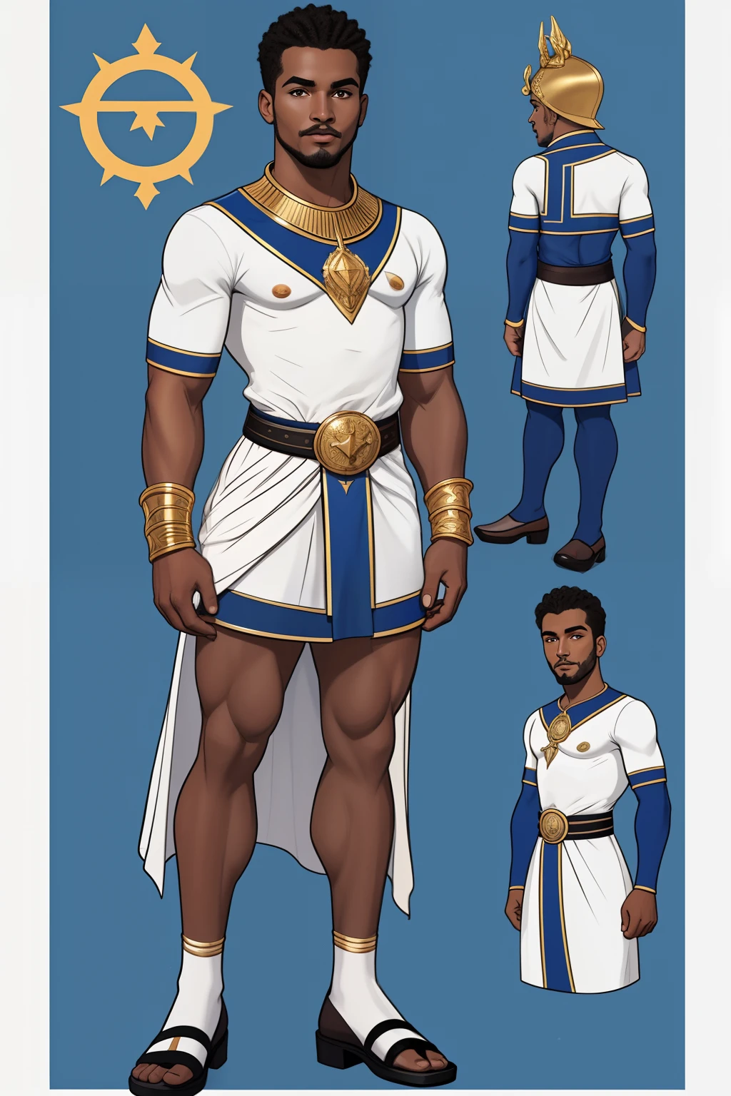 personagem masculino da bandeira de Cabo Verde. The top is deep blue, simbolizando o oceano que cerca as ilhas. The chest and the central part are white, representando a paz e a unidade do povo cabo-verdiano. The sleeves and legs are red, denoting determination and spirit, do 10 Estrelas Douradas, : Ten gold stars are prominently displayed at the top of the costume, ao longo do peito e ombros, representando as 10 principais ilhas de Cabo Verde. Cada estrela, It is carefully detailed and shines brightly against the background Star Belt A wide belt, also golden, is used in Tribal Details, O traje incorpora elementos tribais discretos em seu design, referencing the cultural heritage of Cape Verde ,Estilo Art Vista de Corpo Inteiro, plano completo, vista frontal, Vista lateral, vista traseira, de personagem, Multiple views and poses, various points of view, um personagem, corpo inteiro, personagem com menos, estilo de roupa, no mesmo Estilo de cabelo, less Type of footwear, strong full-body vision, plano completo, vista frontal, vista traseira, design de personagem, Multiple views and poses, various points of view, de um personagem, corpo inteiro,, personagem com mesmo, estilo de roupa, no mesmo Estilo de cabelo, same Type of footwear