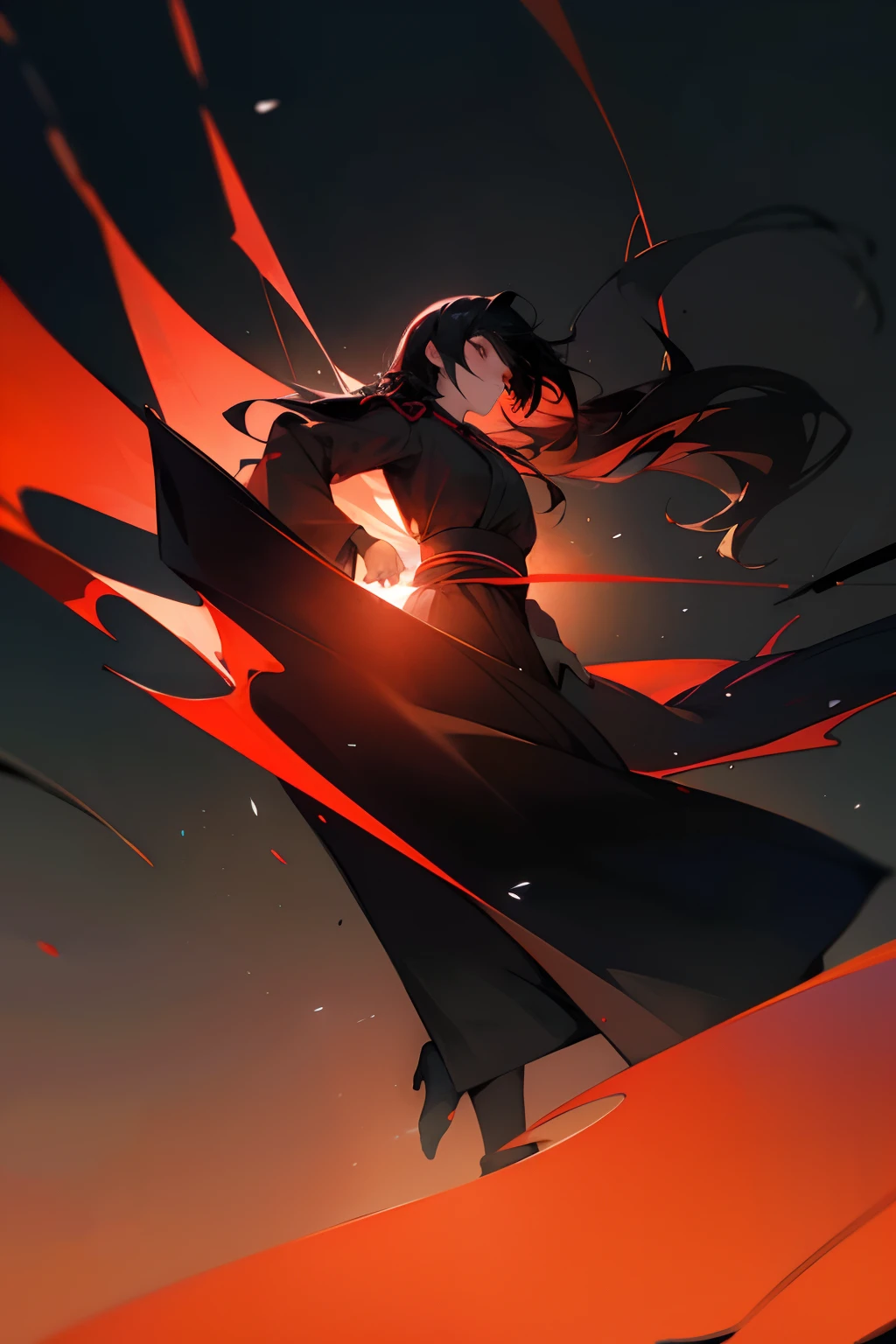Silhouette of black kimono,Rose pattern、Bloods , (Black hair:1.6), stage, (Solo:1.8),, Highest image quality, Highest Quality, , Solo, depth of fields, , Long hair, (Black background)、