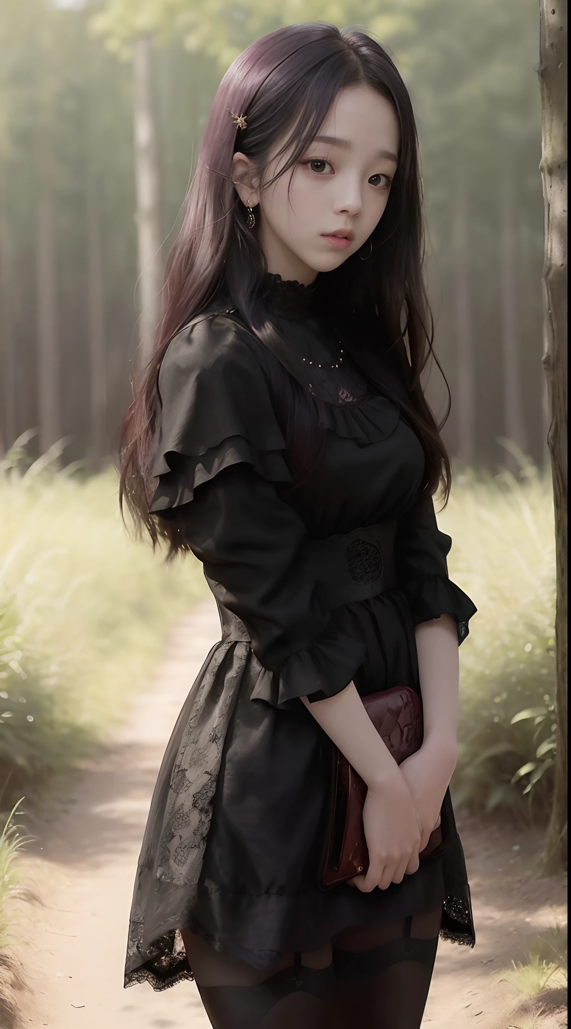 ((Jisoo Blackpink)), lace earrings, dress, black tights to the waist, close-up of thighs to face, shot from below, very light skin, very long hair, wavy hair, Camping, Forest, photorealistic, Lighting indirect, volumetric light, line tracking ray, hyper-detailed, best quality, ultra-high resolution, HDR, 8k