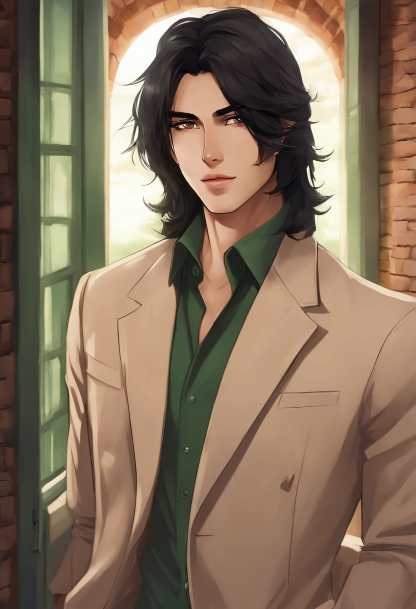handsome young guy, with long shaggy black hair, green eyes, without facial hair, slim physique.The face looks like a girl with soft features;, dressed in a beige dress suit and holding a cigarette
against the background of an old brick wall
Anime-style