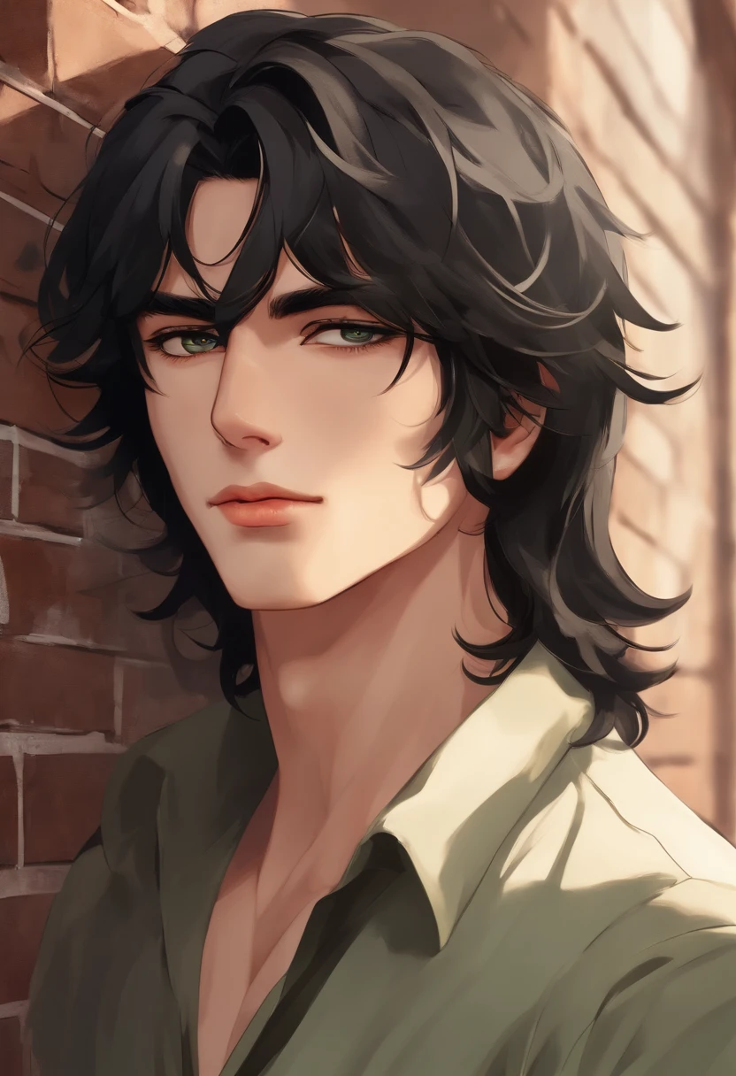 handsome young guy, with long shaggy black hair, green eyes, without facial hair, slim physique.The face looks like a girl with soft features;, dressed in a beige dress suit and holding a cigarette
against the background of an old brick wall
Anime-style