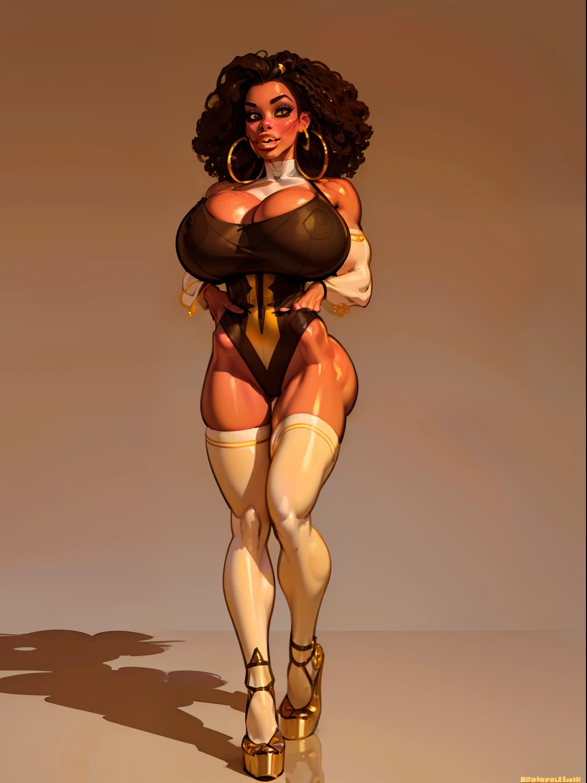 ((masterpiece)),(((best quality))),((character sheet)), ((full body view)) ((black woman)) ((afro combed to sides)) ((seductive pose)) mature face, defined cheekbones, high cheekbones, illustration, girl, muscular, ((afro:1.4)), sexy bimbo, (gigantic breasts:1.7) black hair, ((detailed face:1.4)) beautiful woman, (yellow leotard:1.4), (gold hoop earrings:1.6), (thighhighs:1.4) (yellow lipstick:1.5) , shiny skin, scribbles and marks,(puffy lips:1.5) , rough sketches, 8k,16k, (simple background, white background: 1.3), yellow and black color palette, brown legs, orange arms, (brown skin:1.7)