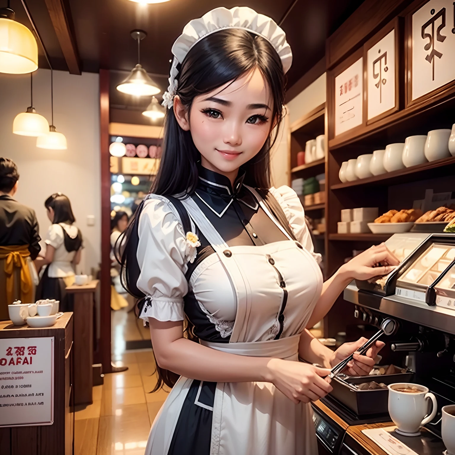 Thai Women、Beautie、Realistic Woman、Beautuful Women、20yr old、Solo Shot、Fluffy Maid Dose、Maid Cafe、Inside the café、Patchy duplex、Outstanding style、Outstanding smile、The shops、store clerk