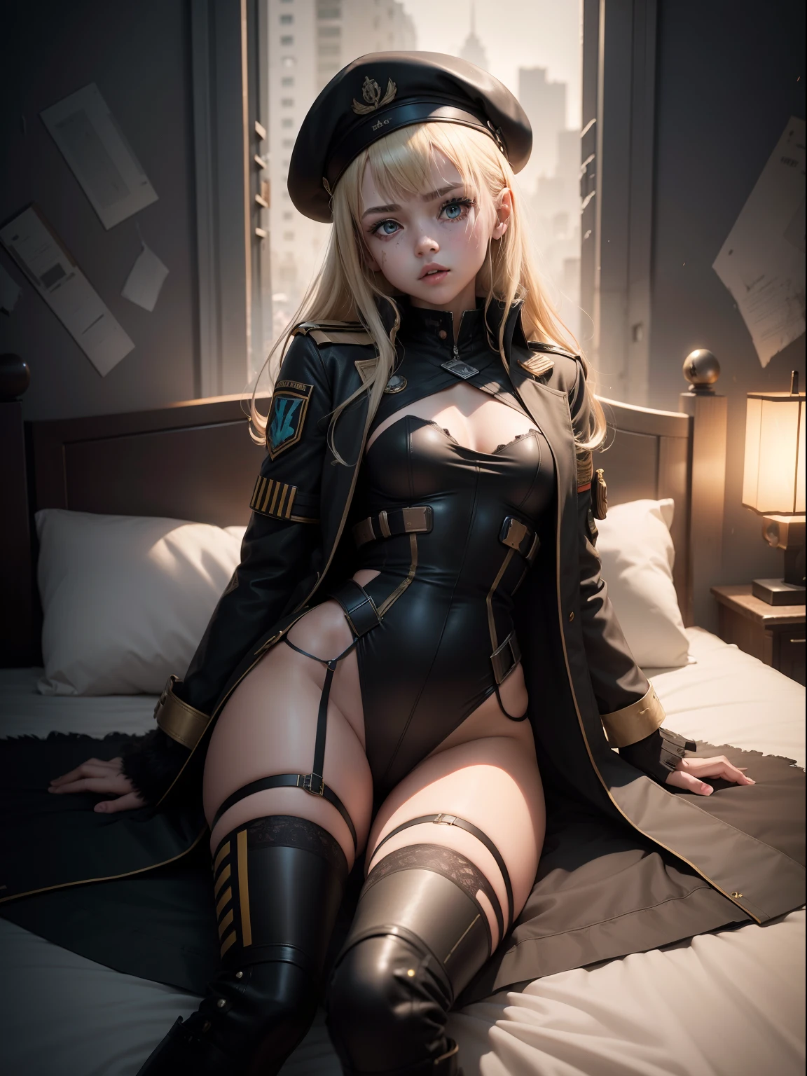 Destroyed towns,3 Ukrainian girls , Ukrainian anime girls , , Ukraine , Full body composition of young girl with messy bright blonde hair, eye make up, 13 year old, Soft lighting, Solo, Old torn dirty shabby futuristic military uniform, badges, Pose, Blotch color, Octane Render, Hyperrealistic intricate detail, Cinematic, 8K resolution, 70mm, Accent Lighting, Global Illumination, Full body portrait, clean detailed faces, intricate clothing, Cute face, flat chest, Slim waist, Slim legs, small hips,Black Special Forces Long Coat,Black beret,Lying in bed,Black panties,Lying in bed,relax