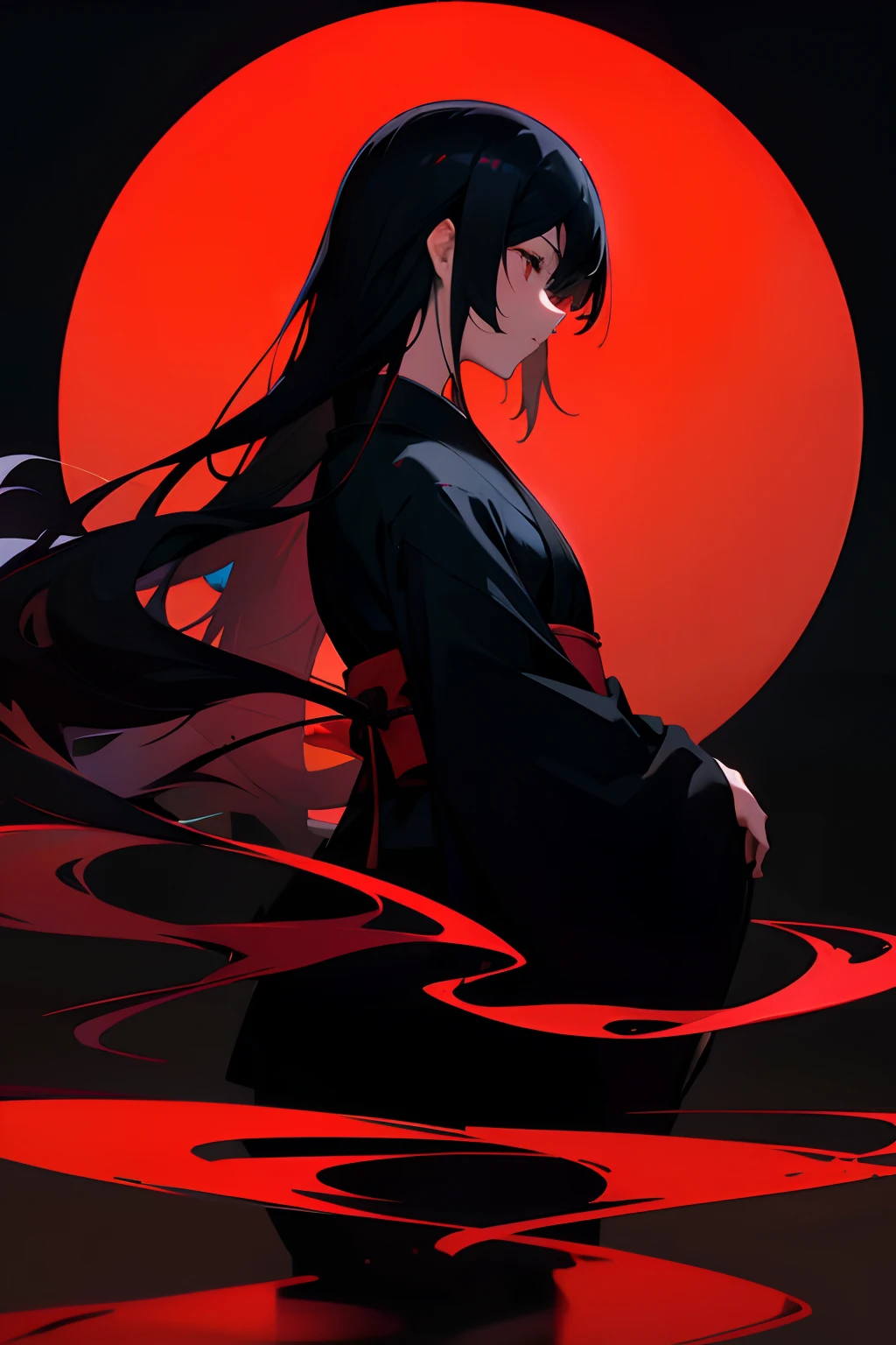 Silhouette of black kimono,Rose pattern、Bloods , (Black hair：1.6), stage, （Solo：1.8）,, Highest image quality, Highest Quality, , Solo, depth of fields, ,  Long hair, （Black background）、