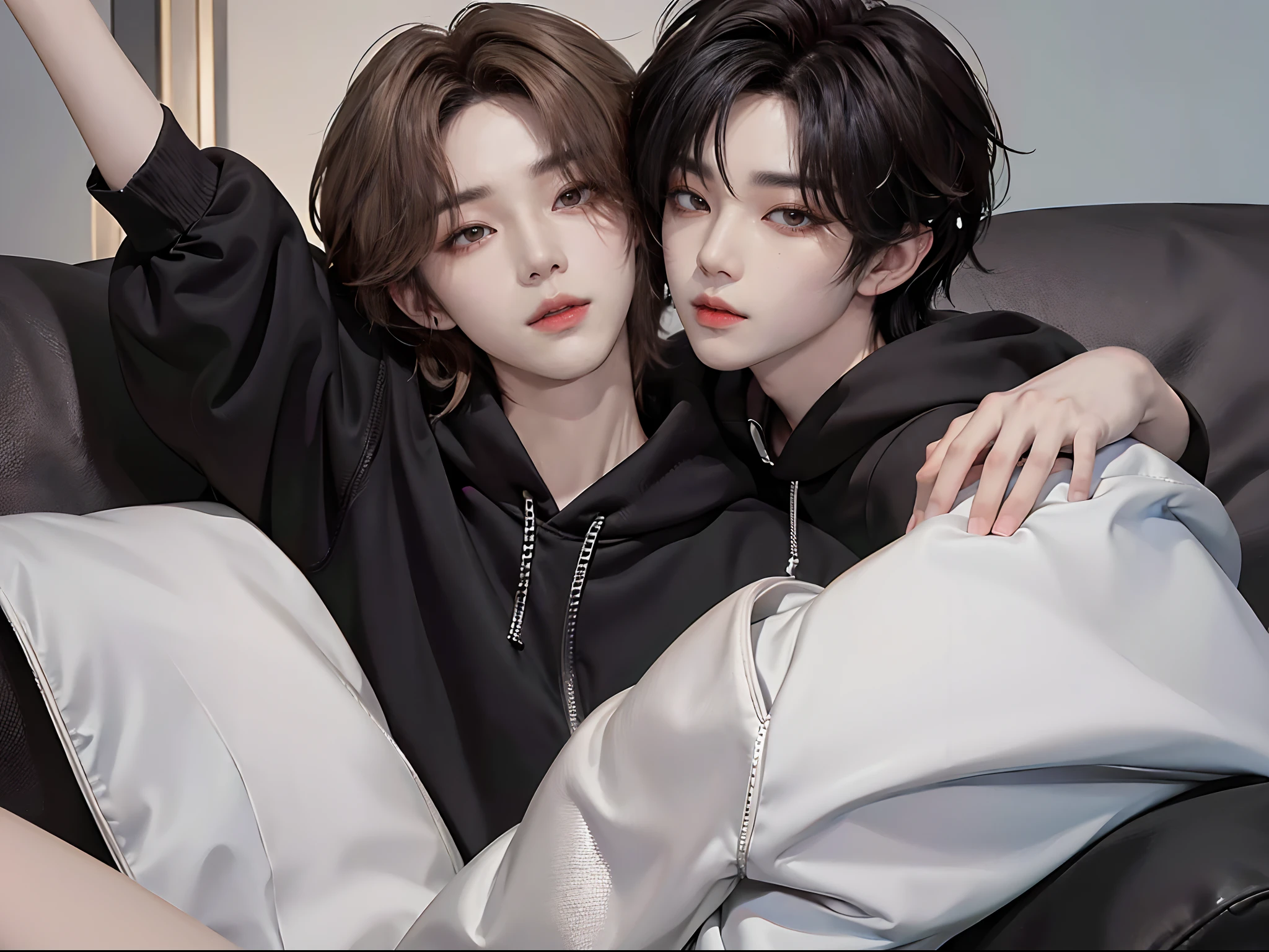 ((4K works))、masterpiece、(top-quality)、((high-level image quality))、((One Manly Boy))、Slim body、((Stylish black hoodie))、(Detailed beautiful eyes)、On the sofa in the stylish living room、Face similar to Chaewon in Ruseraphim、((short hair above the ears))、((Smaller face))、((Neutral face))、((Light brown eyes))、((Korean boy))、((18year old))、((Handsome man))、((Wild look))、((Korean Makeup))、((elongated and sharp eyes))、((Happy dating))、((Hugging the viewer))、((Be in close proximity to your audience))、((boyfriend))、((Face zoom up))、((Face enhancement))、((Focus zoom in))、((selfie photo))