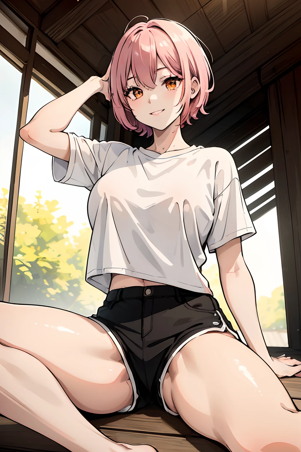 1girl,short pink hair,plain white shirt,tight black shorts,home,(best quality,8k,highres:1.2),smile,orange eyes,thigh,ultra-detailed,realistic,portraits,vivid colors,soft lighting,peaceful surroundings, sexy poses