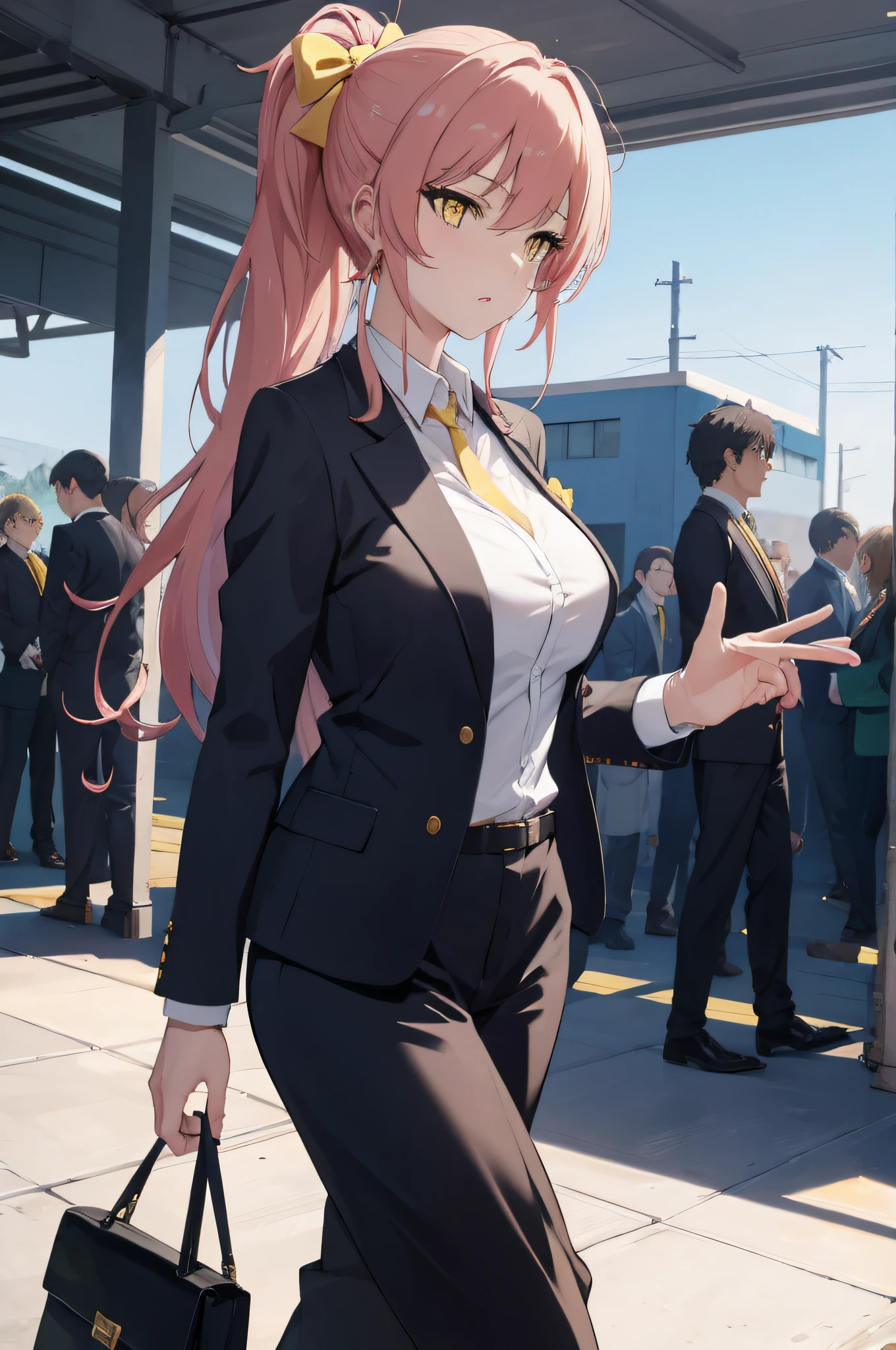 (masterpiece, best quality, detailed),1girl,mature female,pale skin,huge breasts,mikajougasaki, mika jougasaki, hair bow, pink hair, (yellow eyes:1.5), ponytail ,in a business suit with a handbag, smooth anime cg art, detailed digital anime art, (sfw) safe for work, girl in suit, in a strict suit, in strict suit, girl in a suit, clean detailed anime art,high resolution, (perfect hands, perfect anatomy),