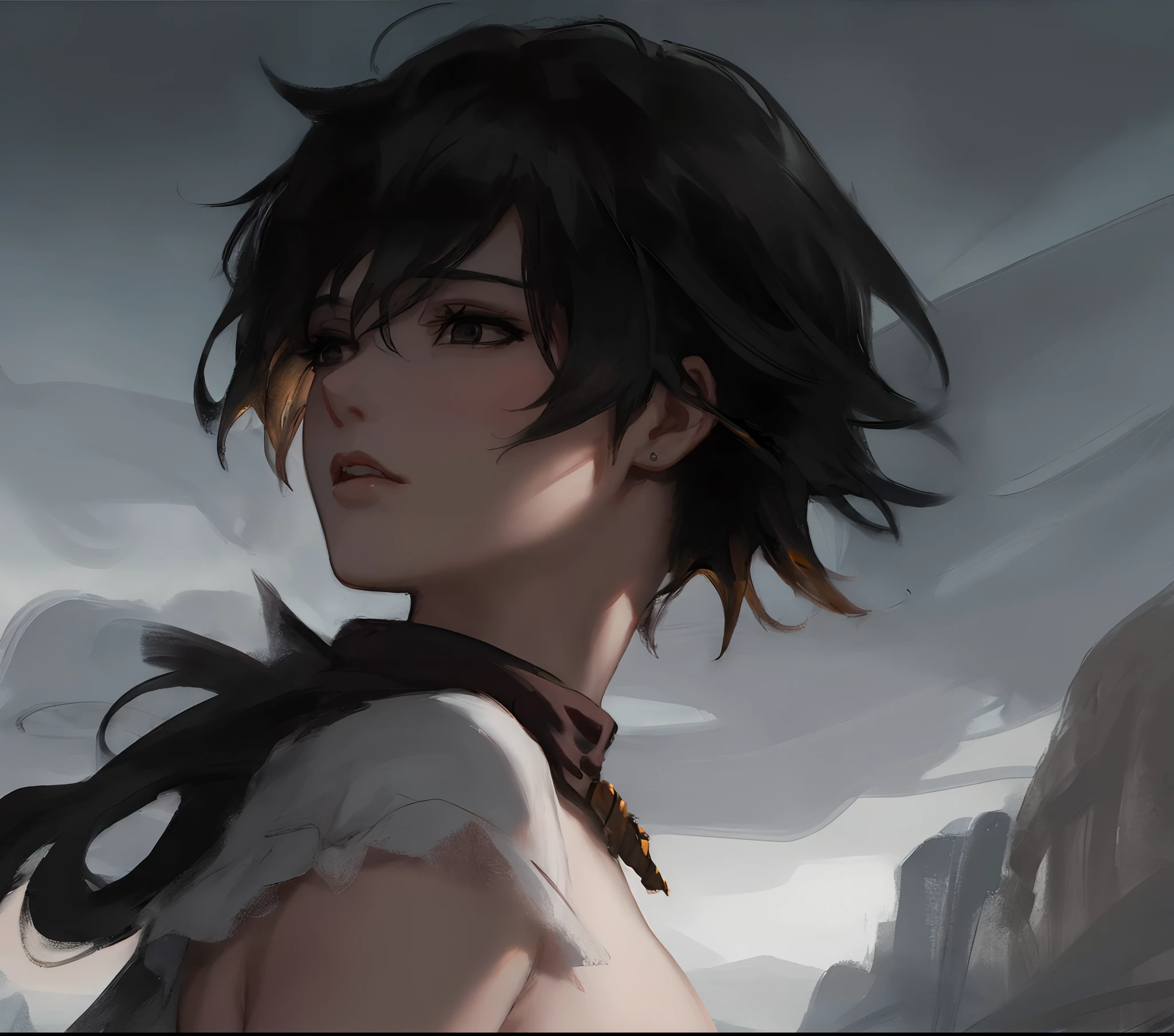 （male people：1.1），(masterpiece), anime big breast, best quality，(photo_(medium):1.0), by Antonio J. Manzanedo, by Jeremy Lipking, lightning, in a surreal landscape, black  eyes,smooth,sharp focus