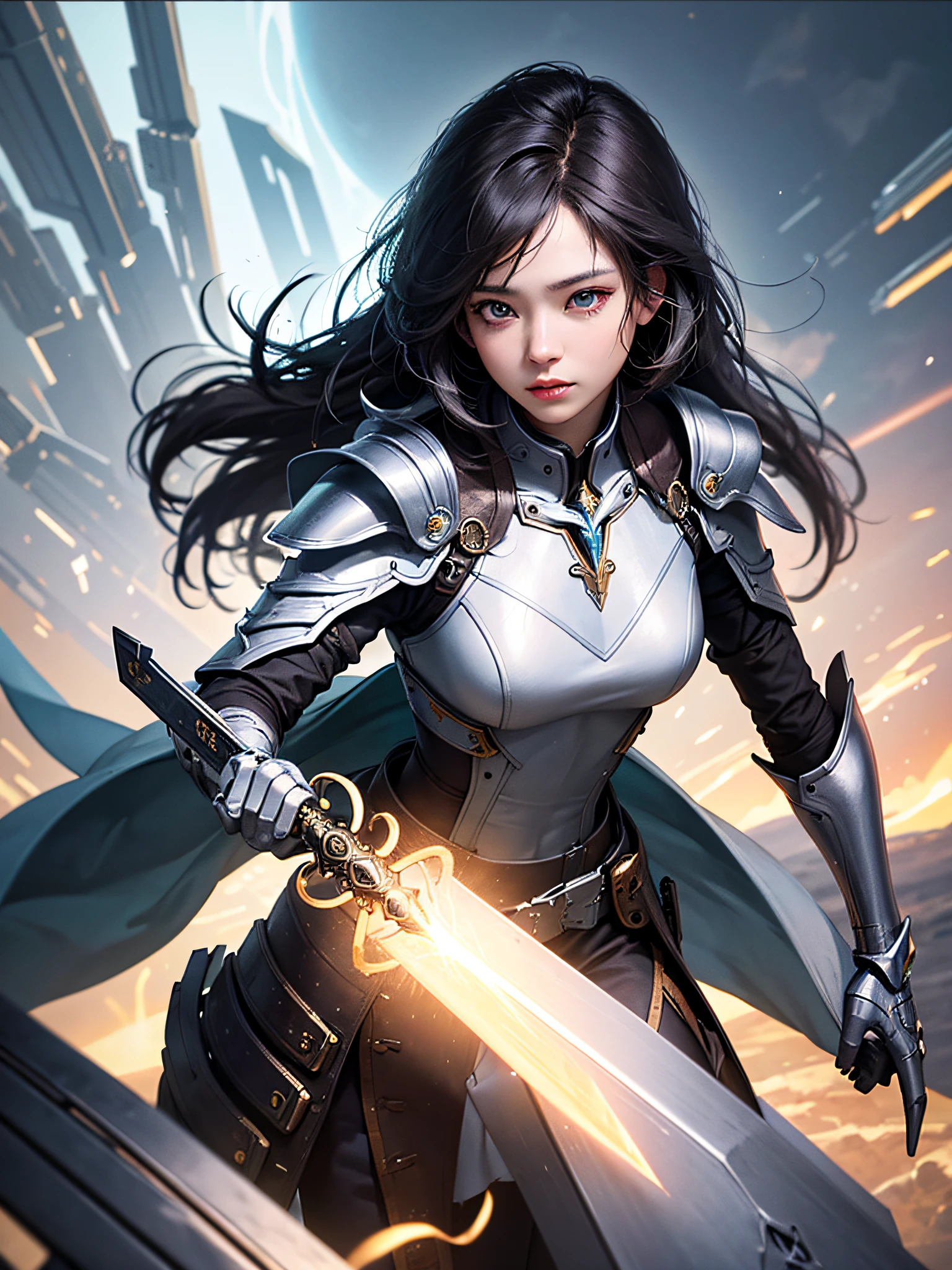 a masterpiece, the best quality, High Quality, (futurism:1.1), (A paladin holding a light infused sword, light magic, divine, magewave, silver and gold), movie lights, (Exquisite future), Beautiful and beautiful, Ultra detailed, Great composition, floating, Depth of field, (Very detailed CG,Unity 8k壁纸), (Beautiful detail background), Beautiful hair details, dramatic lights, GOGETTA, mecha,Bestquality,ultrahighres,photorealistic
