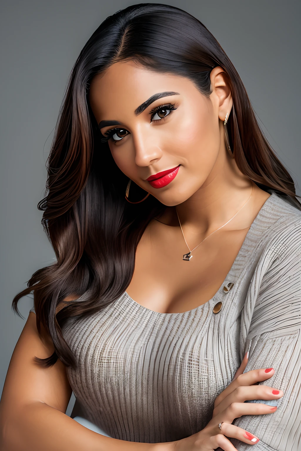 (High-resolution realistic image, photo of a beautiful sexy 27-year-old Puerto Rican woman with her arms crossed looking at the camera. She wears flashy red lipstick, and shows two slight dimples, wears a dark gray sweater that goes up to her neck, has beautiful brown hair. Sexy look, White background), (8K, UHD, DSLR, volumetric light, high quality, Fujifilm XT3)
