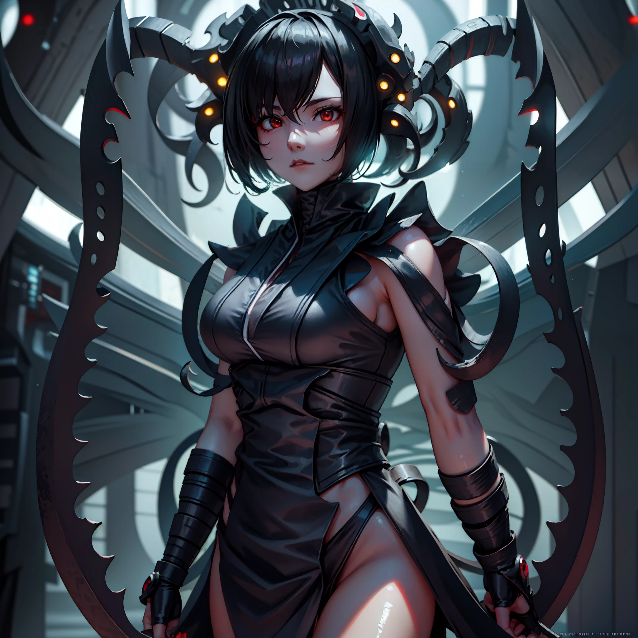 Girl in cyber style maid costume. She's a Dark Fantasy. she has short hair. Latex. Shining eyes. Tentacles extending from behind her. Mechanical tentacles like Giger. Knife at the tip of the tentacle. Curved knife. dark laboratory.