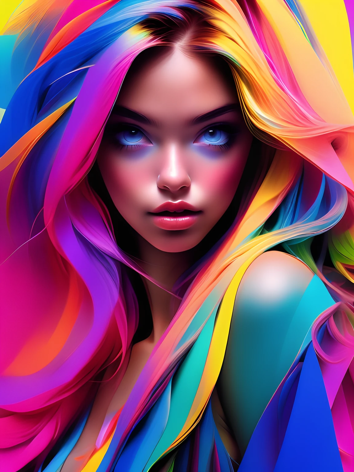 Masterpiece, insanely detailed erotic full body illustration, absurdres, beautiful model, perfect face, perfect eyes, multicolored hair, acid trip background, seductive pose,