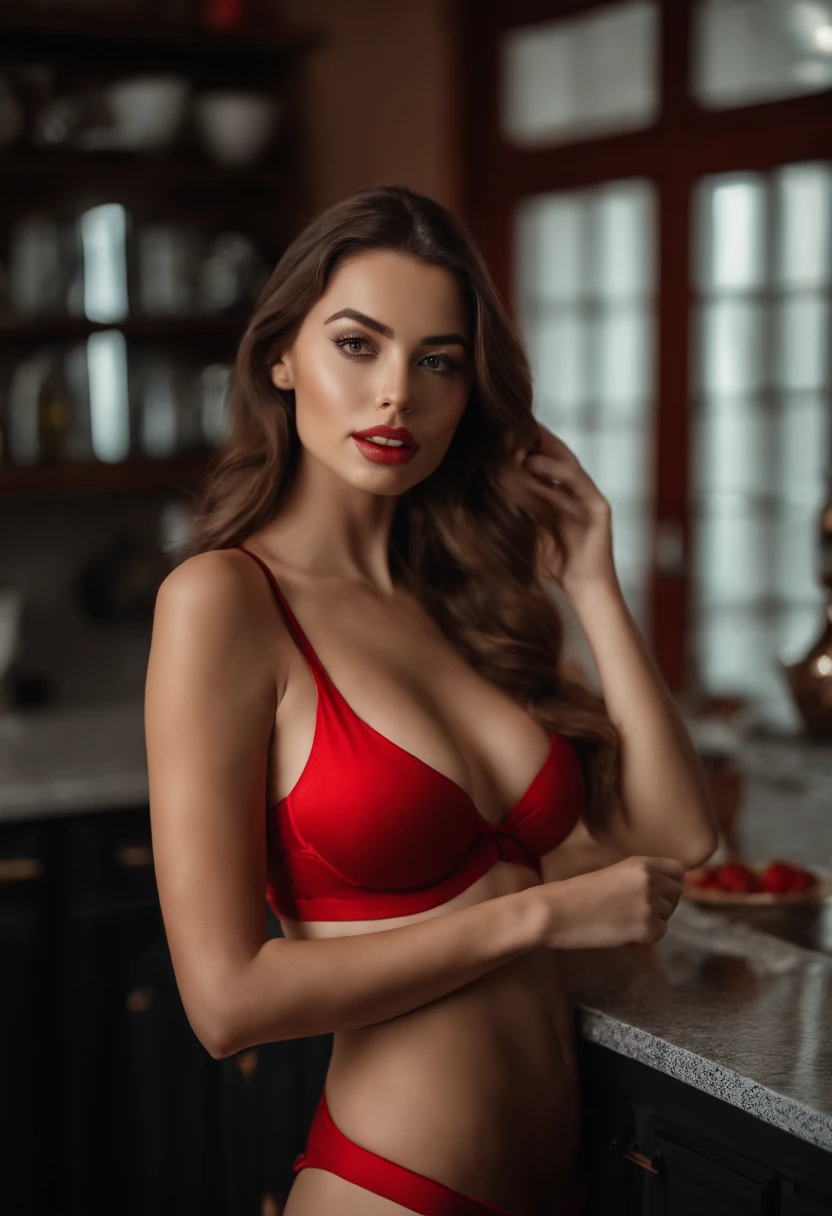 Close-up of woman in red bikini, posing in the kitchen, red bra, red bikini, red hot, brown hair and a perfect body, Sexy girl, sexy hot body, portrait sophie mudd, sexy body, Everything is red, the perfect body, attractive body, scantily clad, Curvy model, in bikini, demi rose, angelawhite