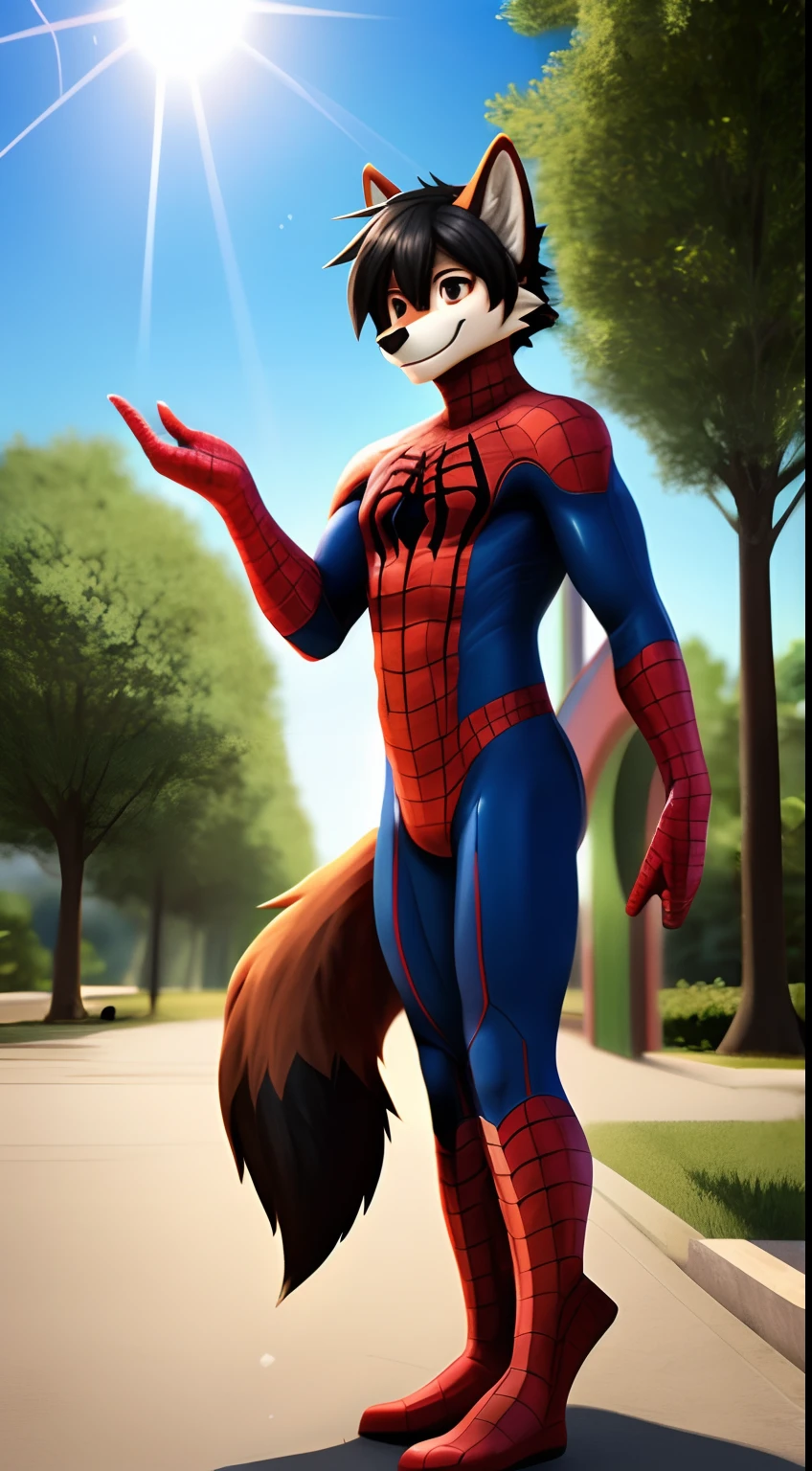 masterpiece, (male red furred wolf), (short black hair), smiling, at the park, good illumination, soft shadows, detailed face, smiling, sunshine, brown eyes, detailed body, anthro, male, looking to the camera, full body, (spider man suit), (fluffy tail), full body, standing, anime, 3D